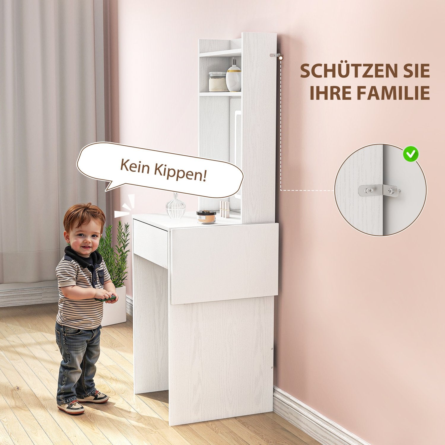 Kompakt sminkbord med spegel och LED-belysning, vikbar bordsskiva, öppna hyllor, låda, MDF, vit