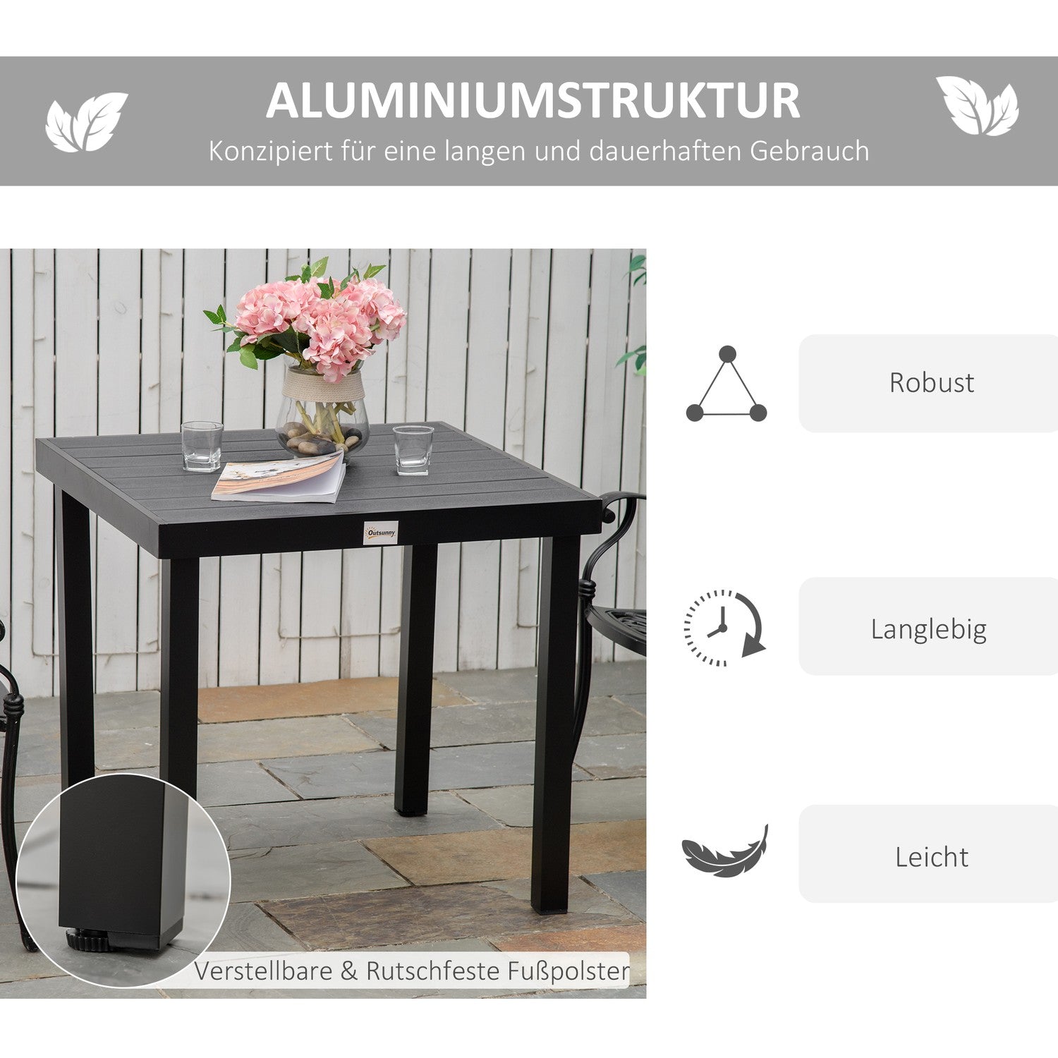 Kompakt utematbord för 4 – Svart aluminium 80x80x74 cm
