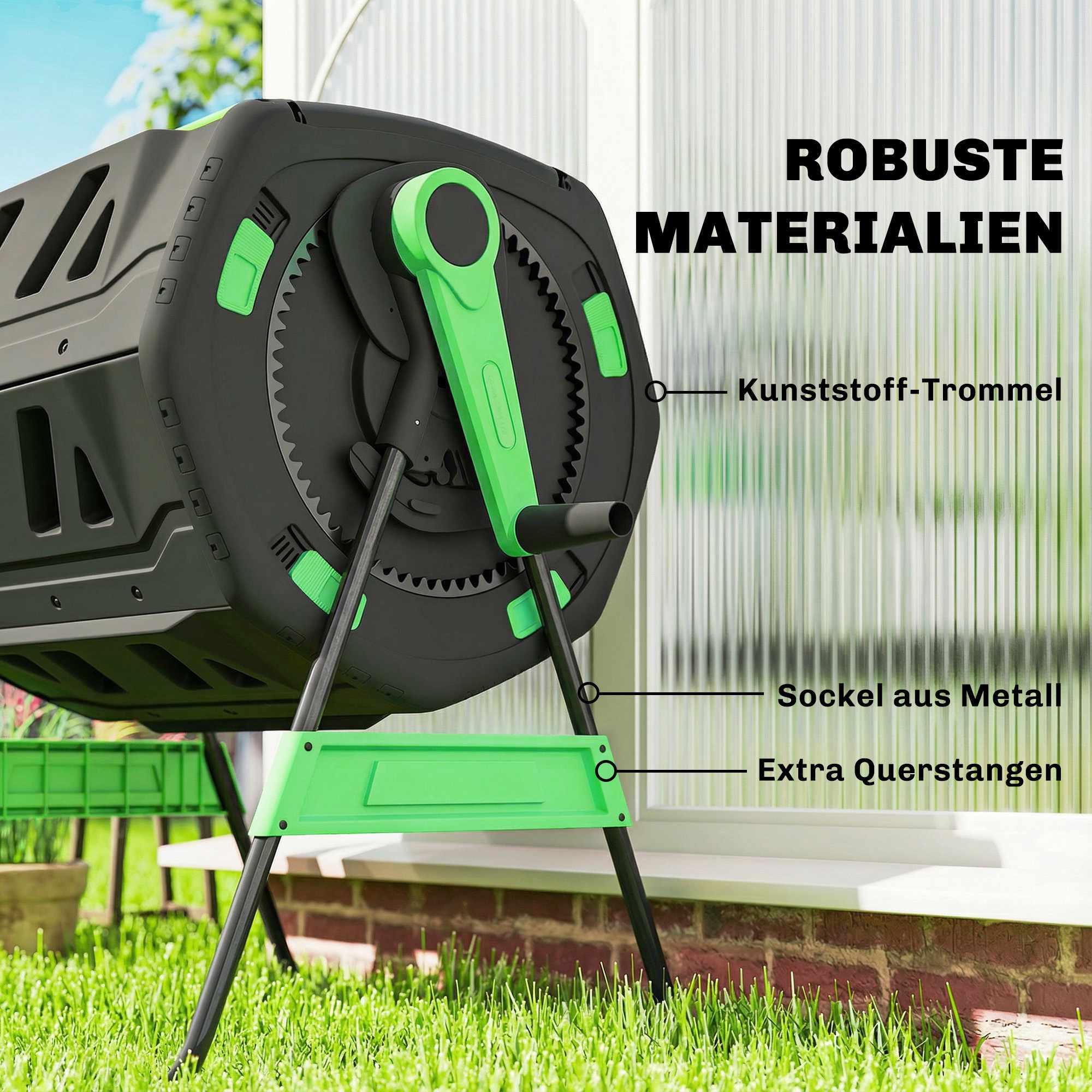 Kompostbehållare för utomhusbruk med dubbel kammare och roterande trumma