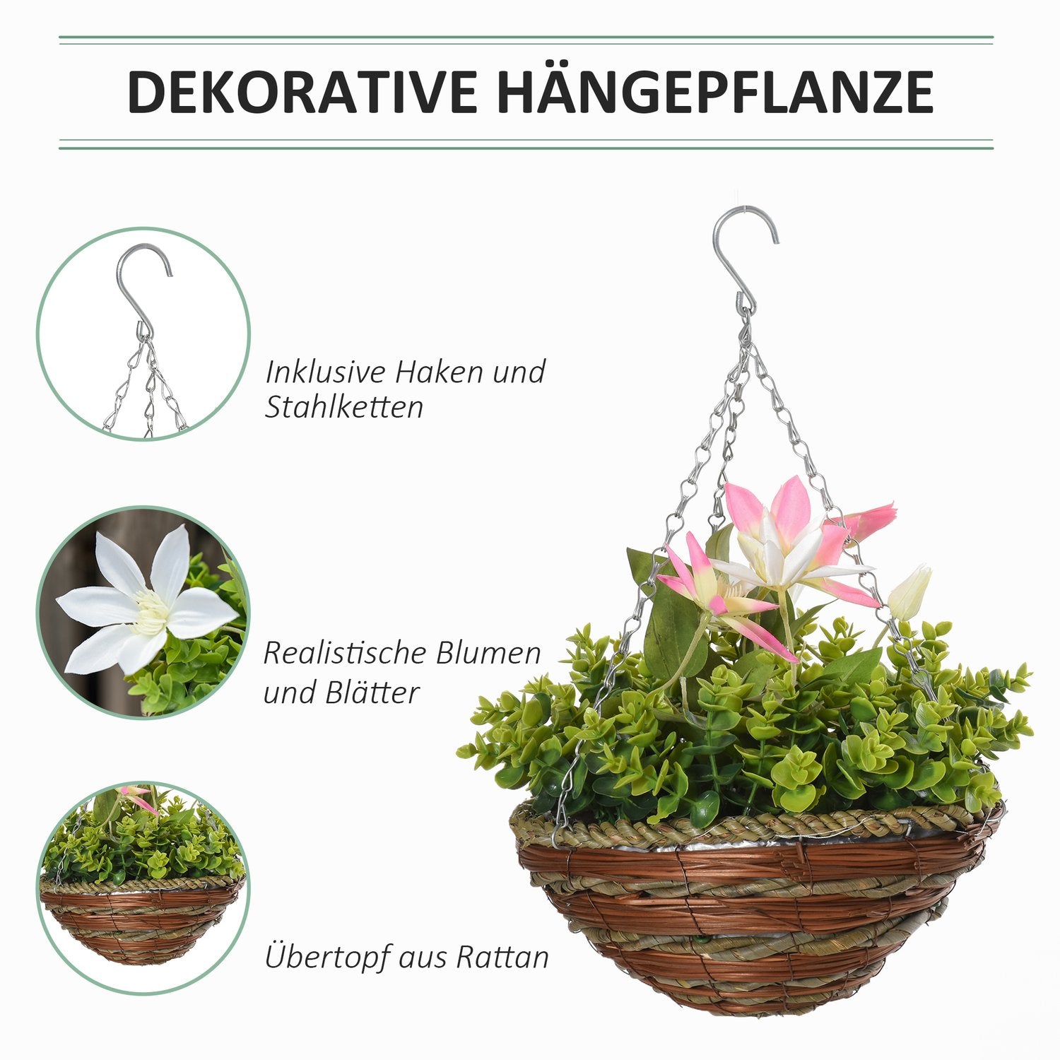 Konstgjorda hängande klematisväxter, rosa och gröna, 30 cm, set om 2