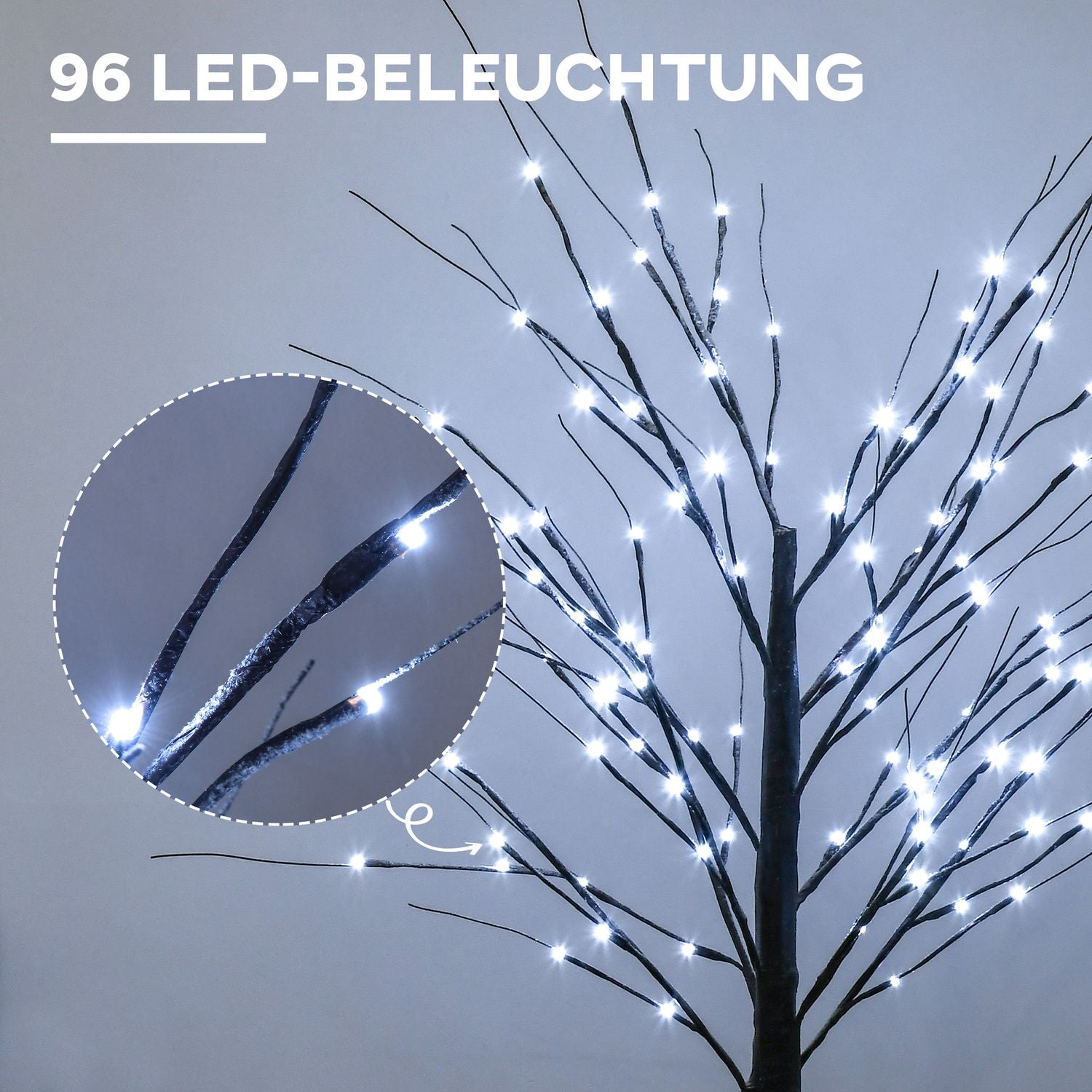 Umělá bříza, 150 cm – LED osvětlení a sníh