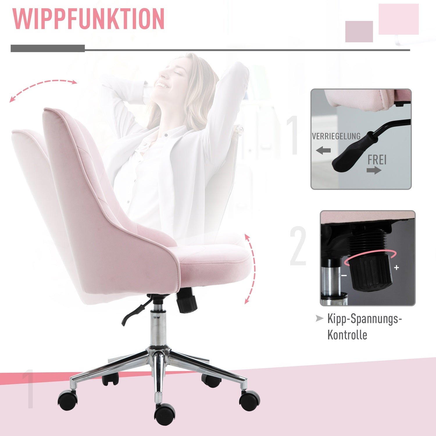 Kontorsstol i sammet med rockerfunktion, rosa, soho-stil