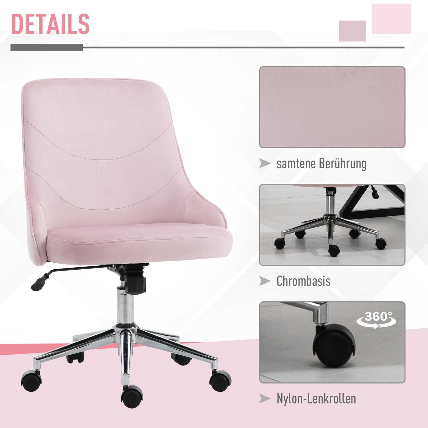 Kontorsstol i sammet med rockerfunktion, rosa, soho-stil