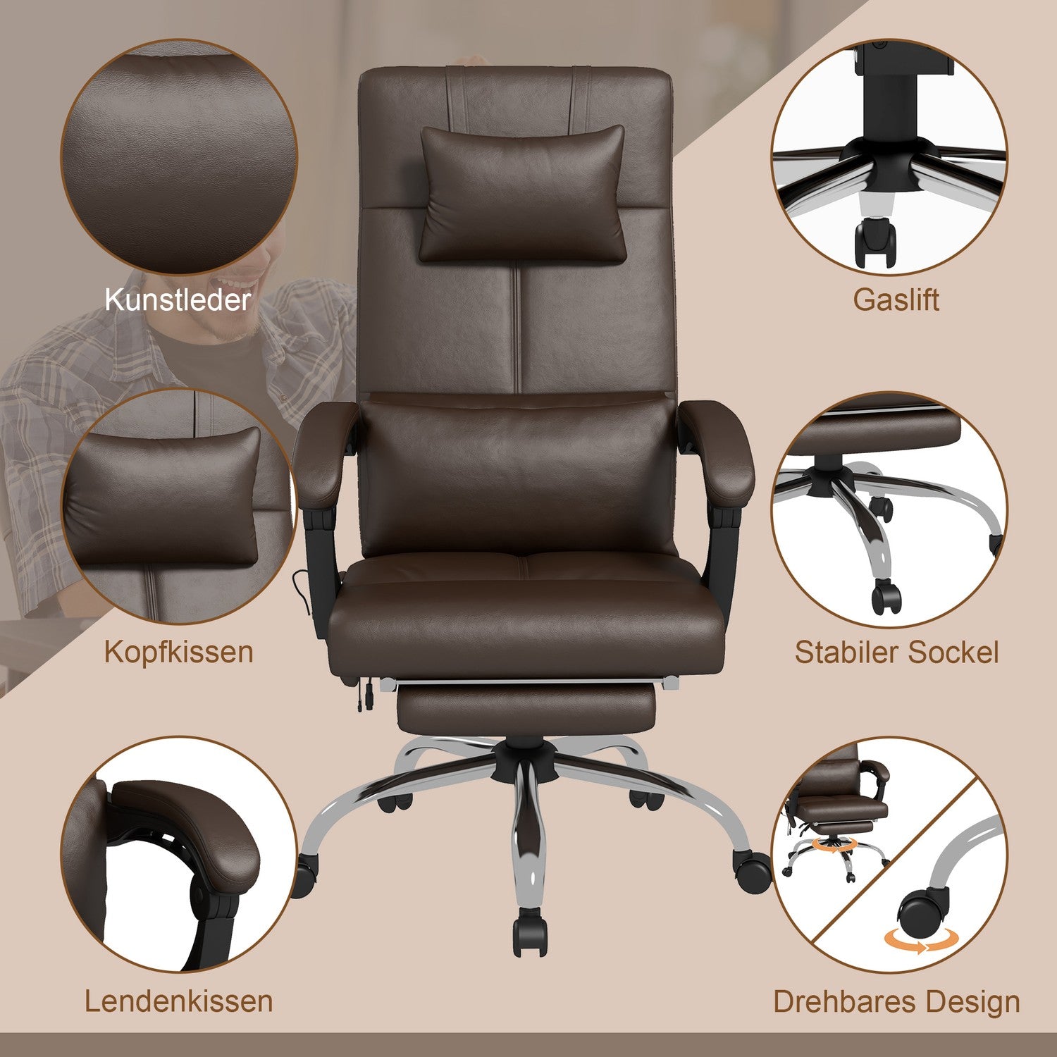 Kontorsstol med massagefunktion, ergonomisk skrivbordsstol med liggfunktion, nackstöd, höj- och sänkbar, brun