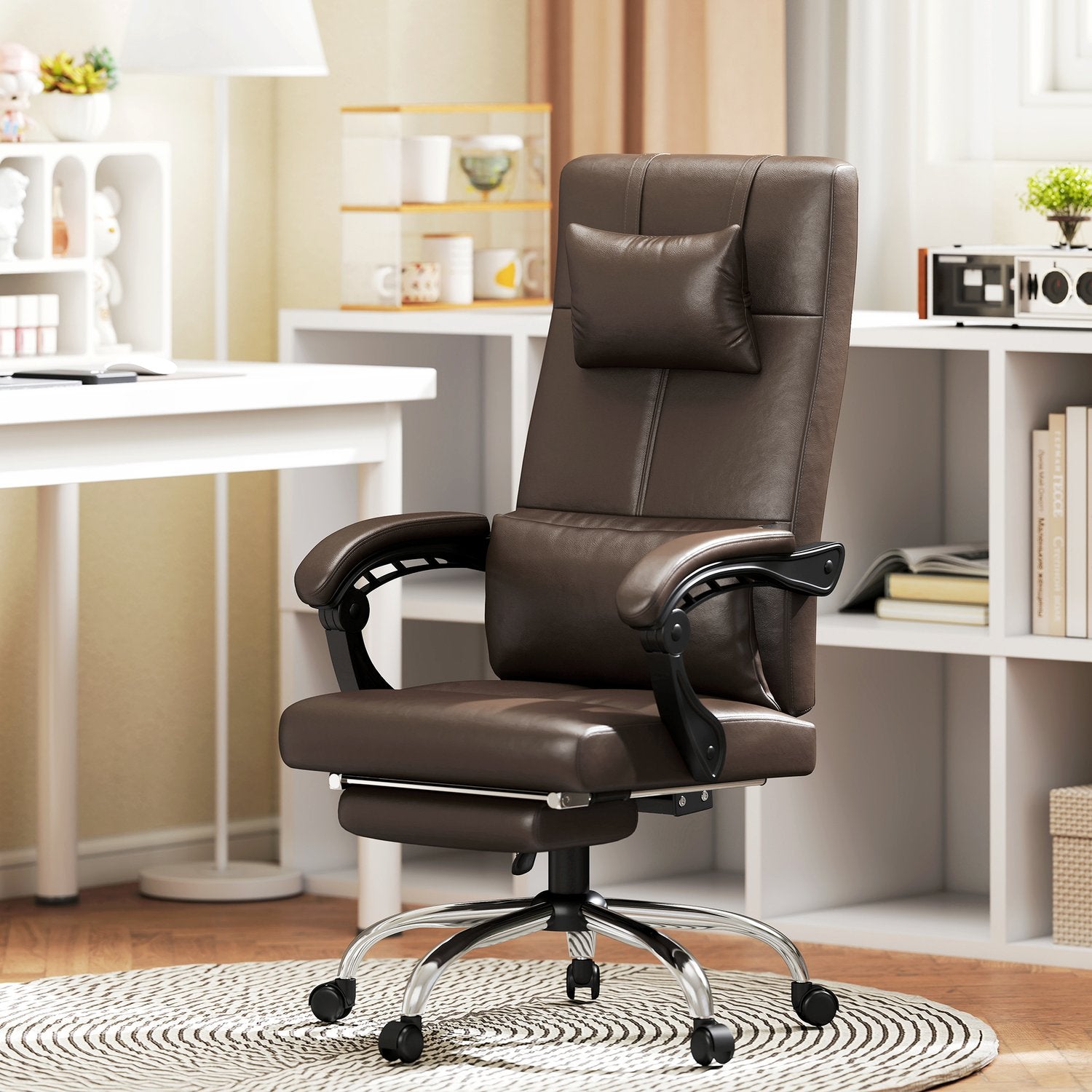 Kontorsstol med massagefunktion, ergonomisk skrivbordsstol med liggfunktion, nackstöd, höj- och sänkbar, brun