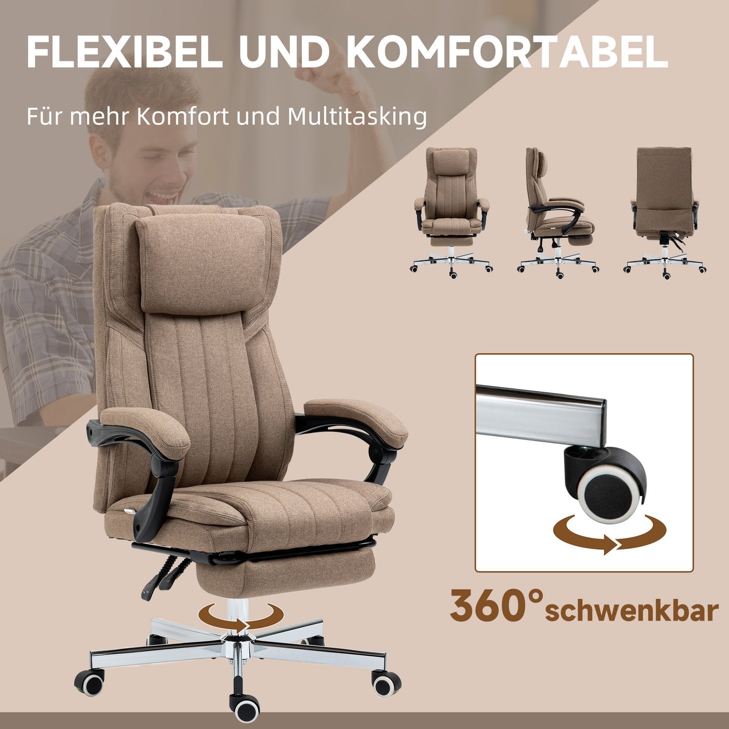 Kontorsstol med massagefunktion, fällbart ryggstöd, utdragbart fotstöd, linnelook, 65 x 61 x 113 cm, brun