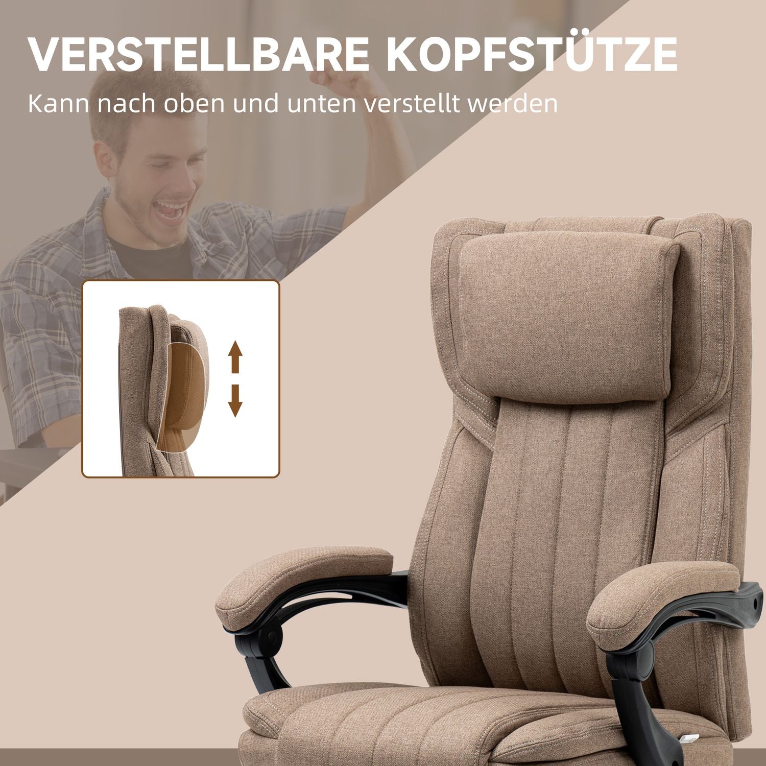 Kontorsstol med massagefunktion, fällbart ryggstöd, utdragbart fotstöd, linnelook, 65 x 61 x 113 cm, brun