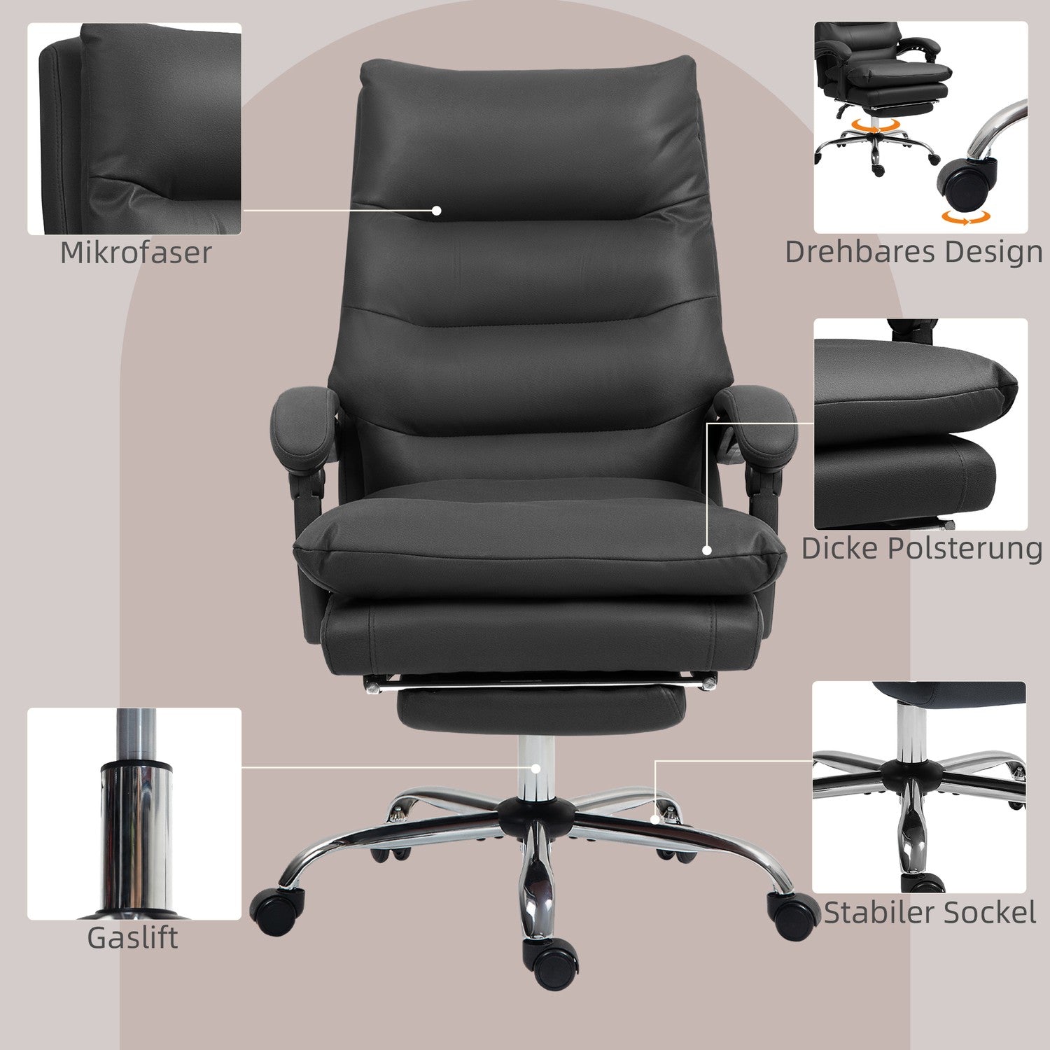 Kontorsstol med massage, värme, recline, svart, 65x72x109-117cm