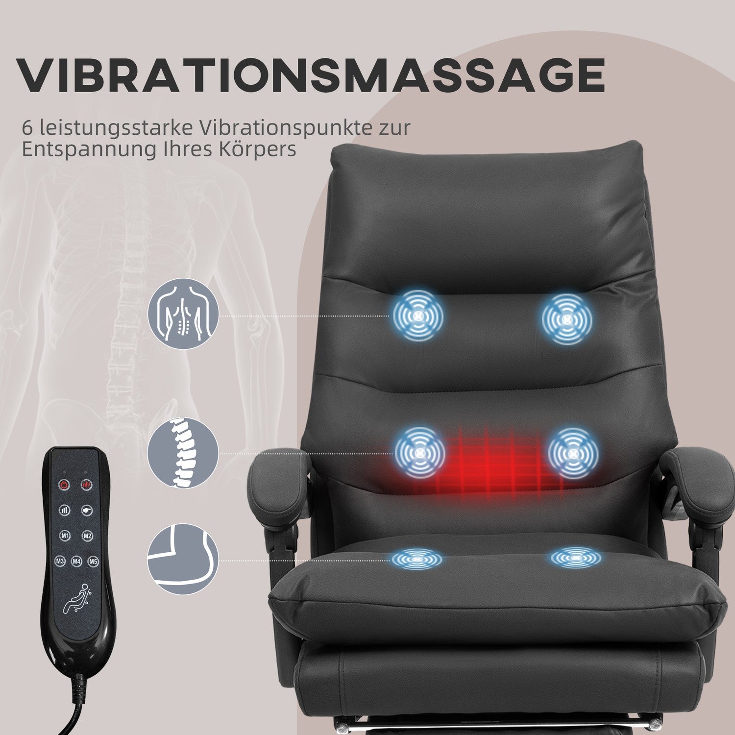 Kontorsstol med massage, värme, recline, svart, 65x72x109-117cm