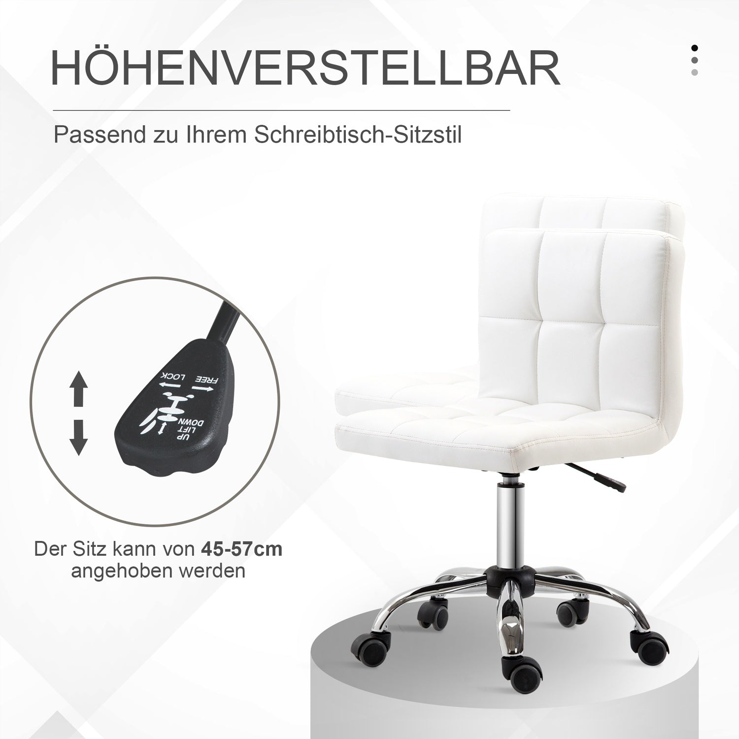 Kontorsstol, snurrstol, konstläder, stålram, 5 hjul, klädd, vit