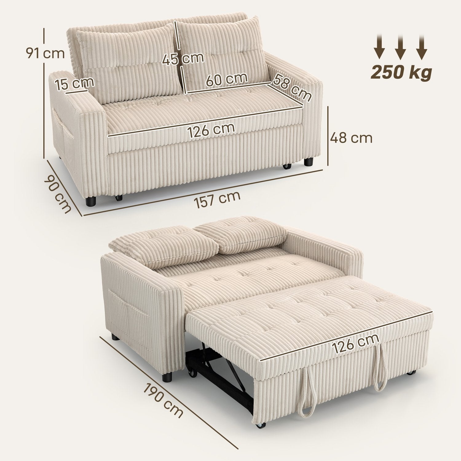 Konvertibel 2-sits bäddsoffa, manchestertyg, krämvit