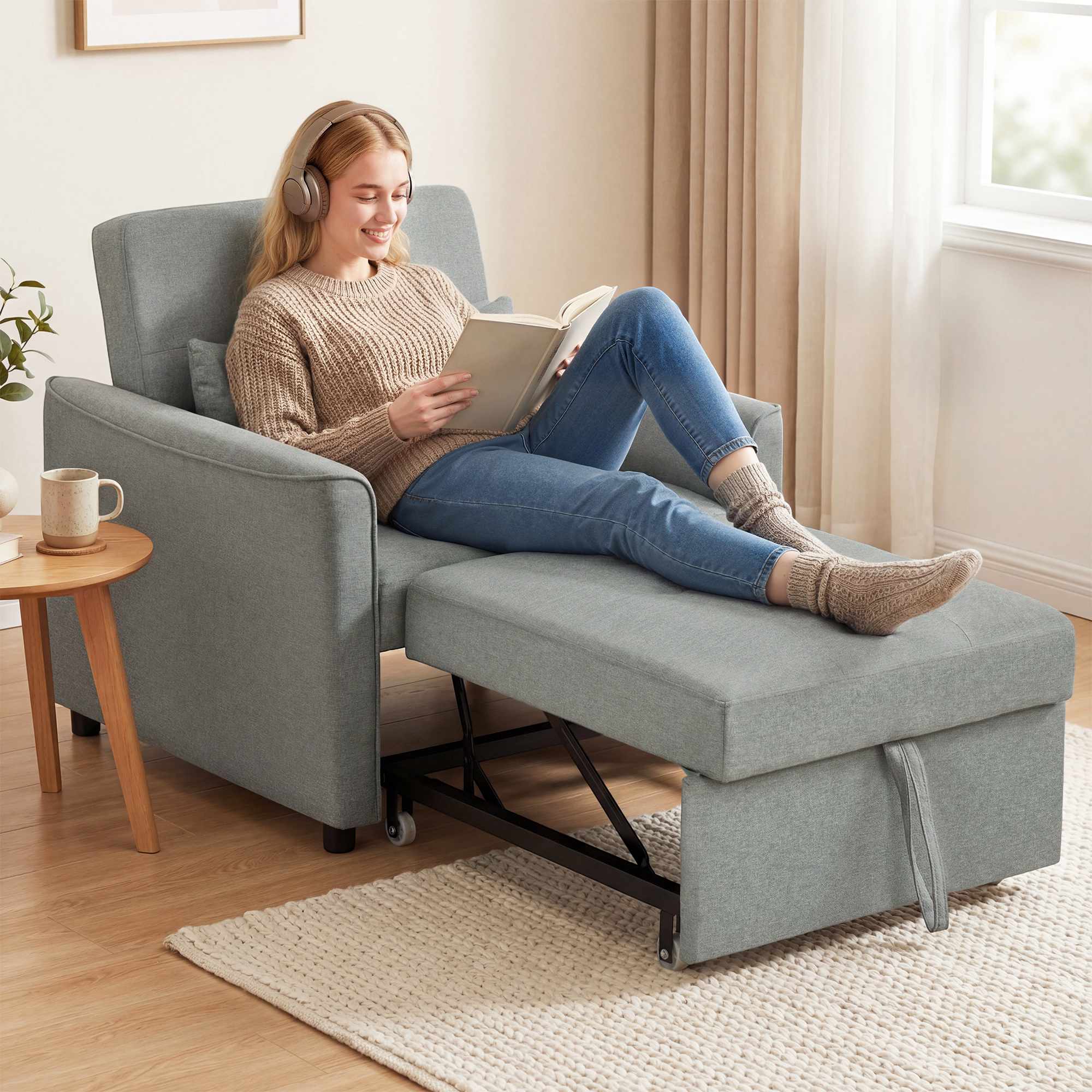Konvertibel 3-i-1-bäddsoffa, justerbart ryggstöd, grå