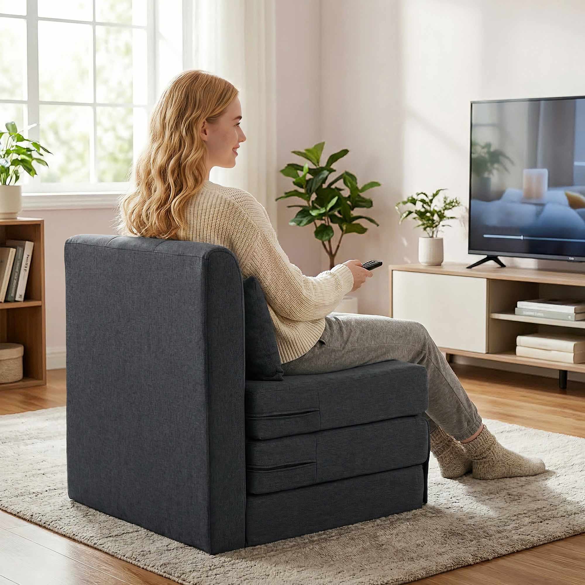 Konvertibel bäddsoffa med linnestruktur, mörkgrå