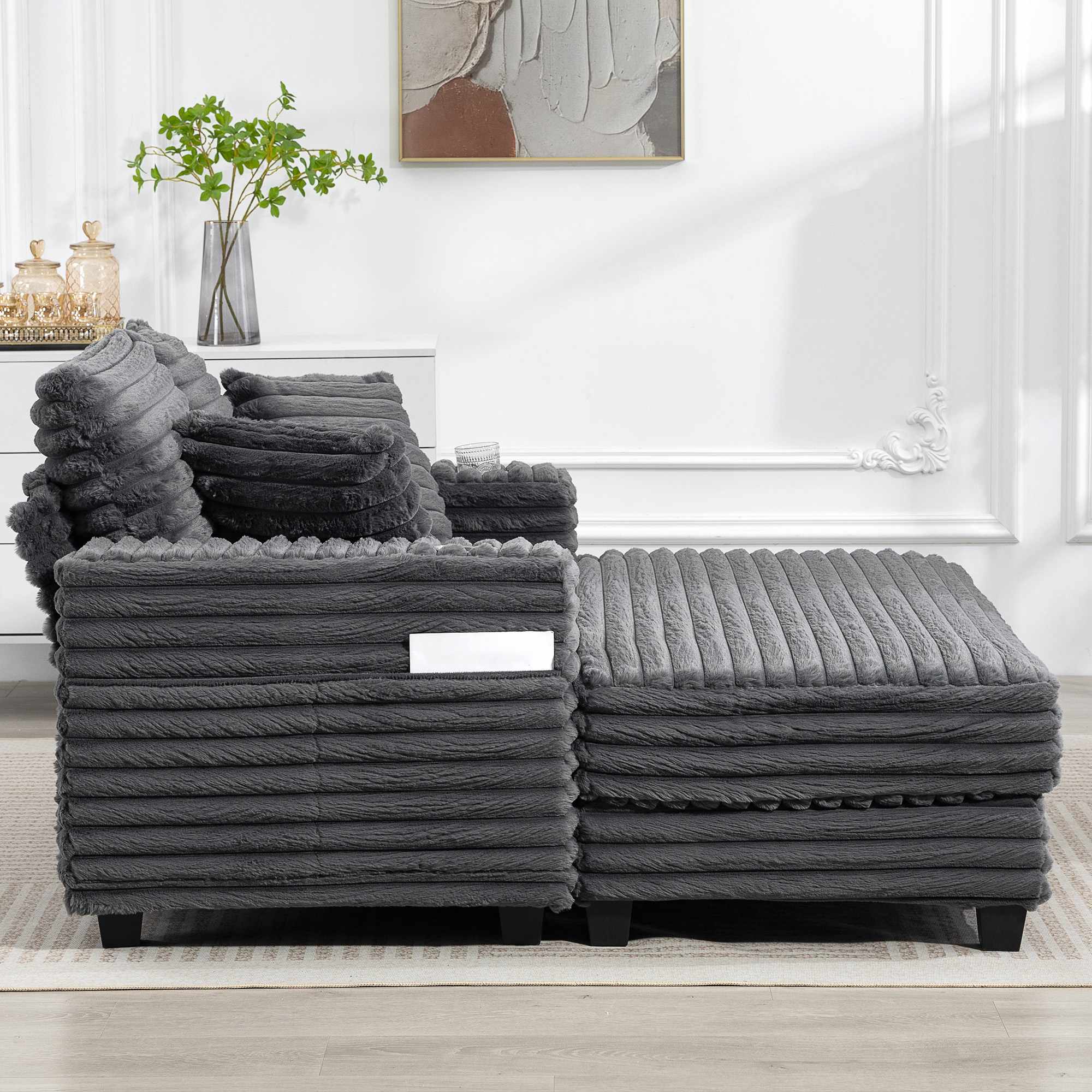 Konvertibel manchesterbäddsoffa med mugghållare, grå