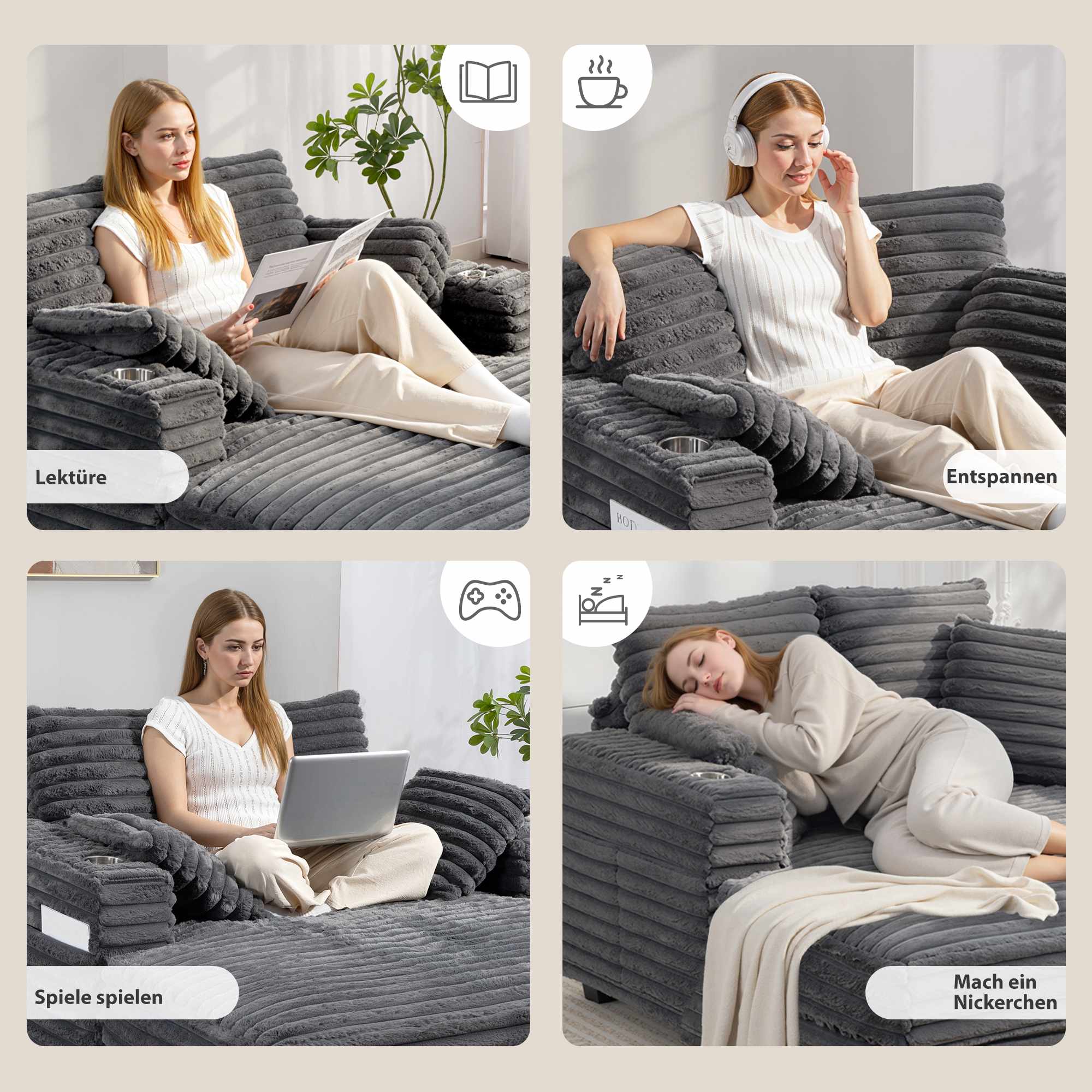 Konvertibel manchesterbäddsoffa med mugghållare, grå
