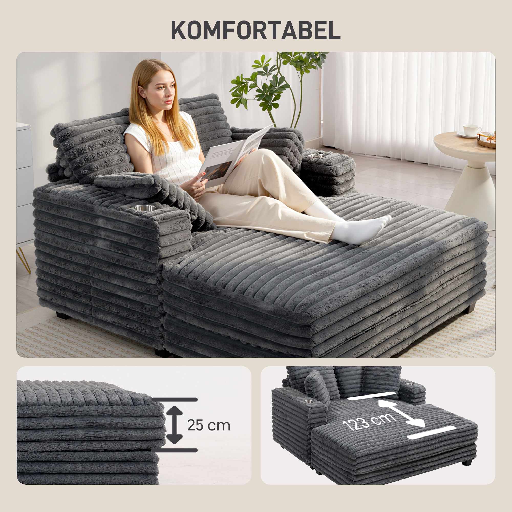 Konvertibel manchesterbäddsoffa med mugghållare, grå
