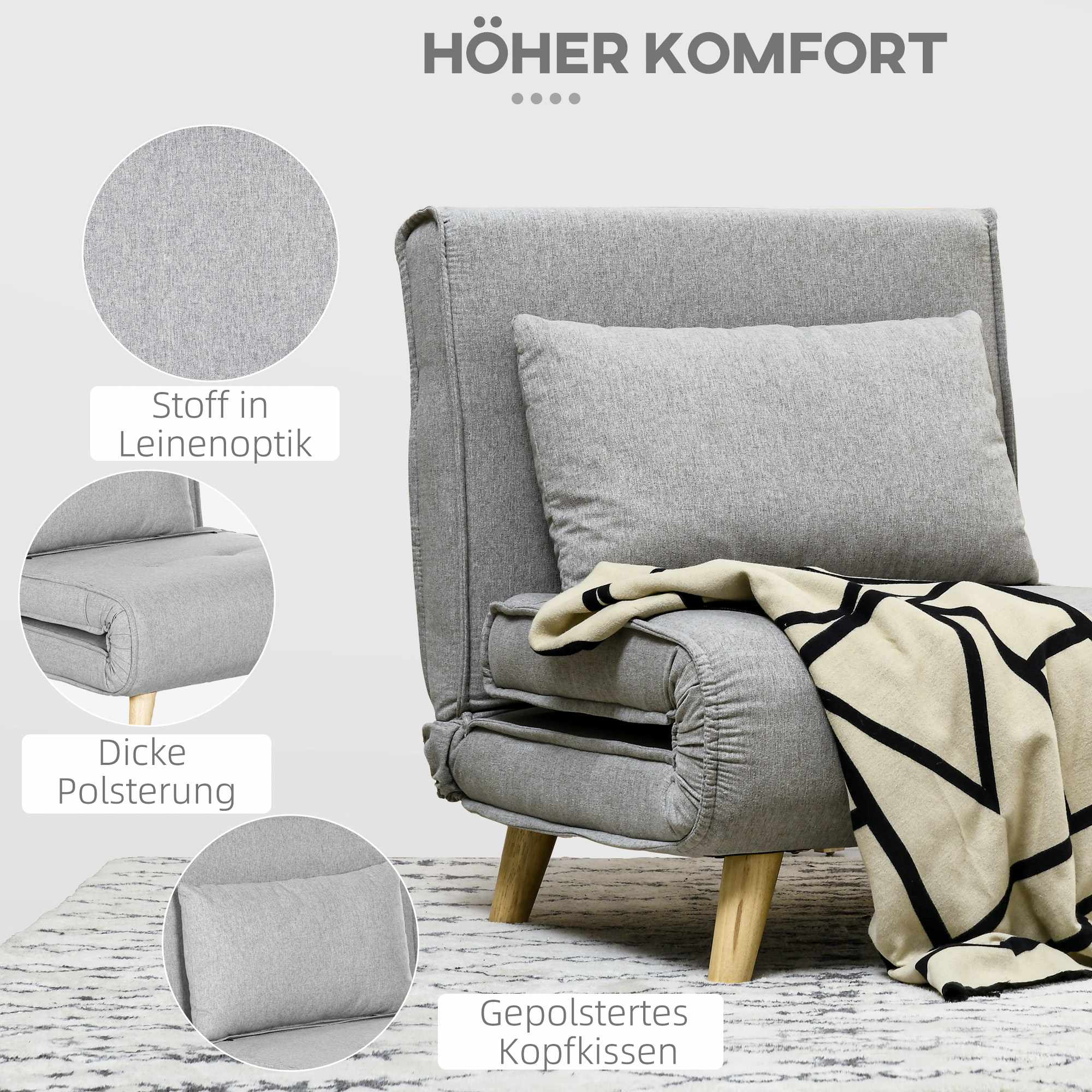 Konvertibel sovfåtölj, justerbart ryggstöd, linne-look, ljusgrå