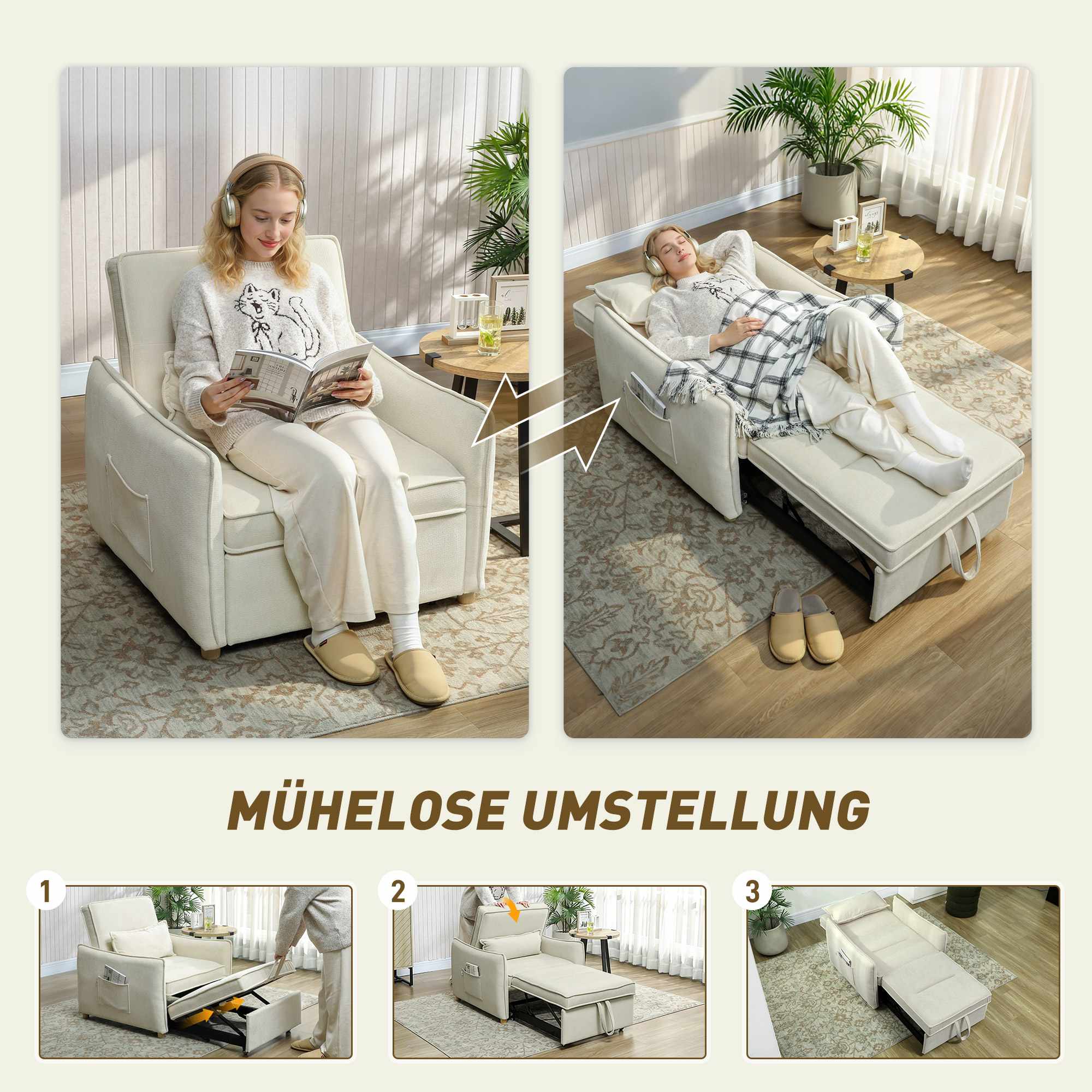 Konvertibel sovfåtölj med sängfunktion, krämfärgad, 3-i-1
