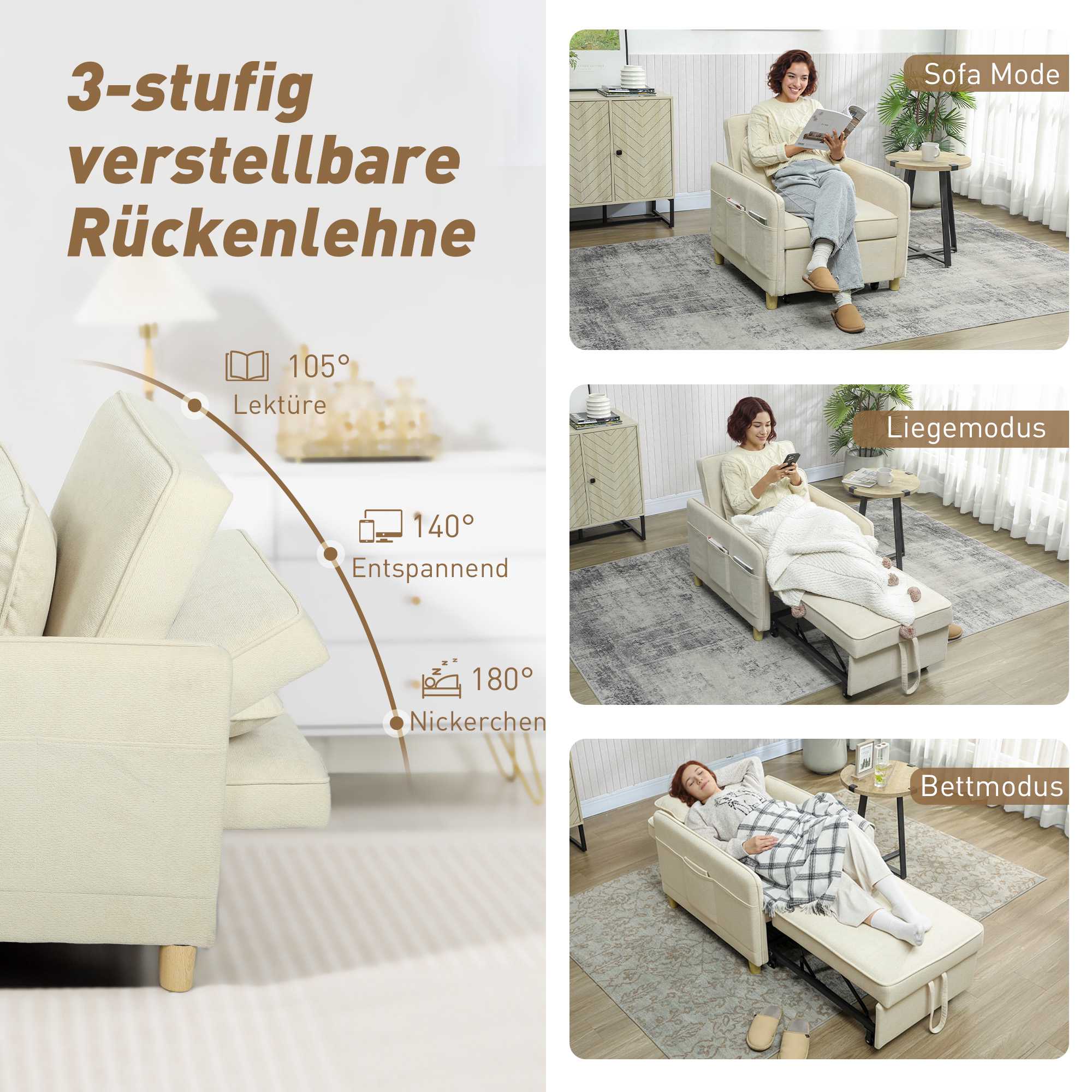 Konvertibel sovfåtölj, skumstoppning, beige tyg