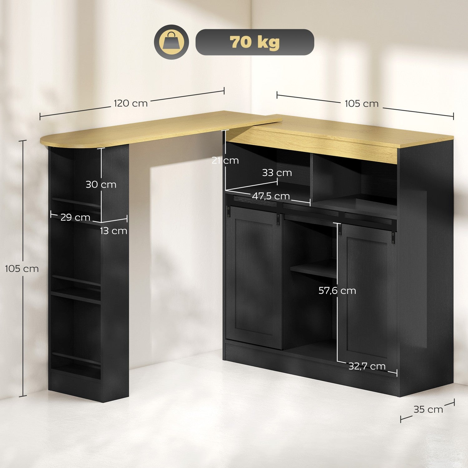 Konvertibelt L-format barbord, svart MDF, gott om förvaring