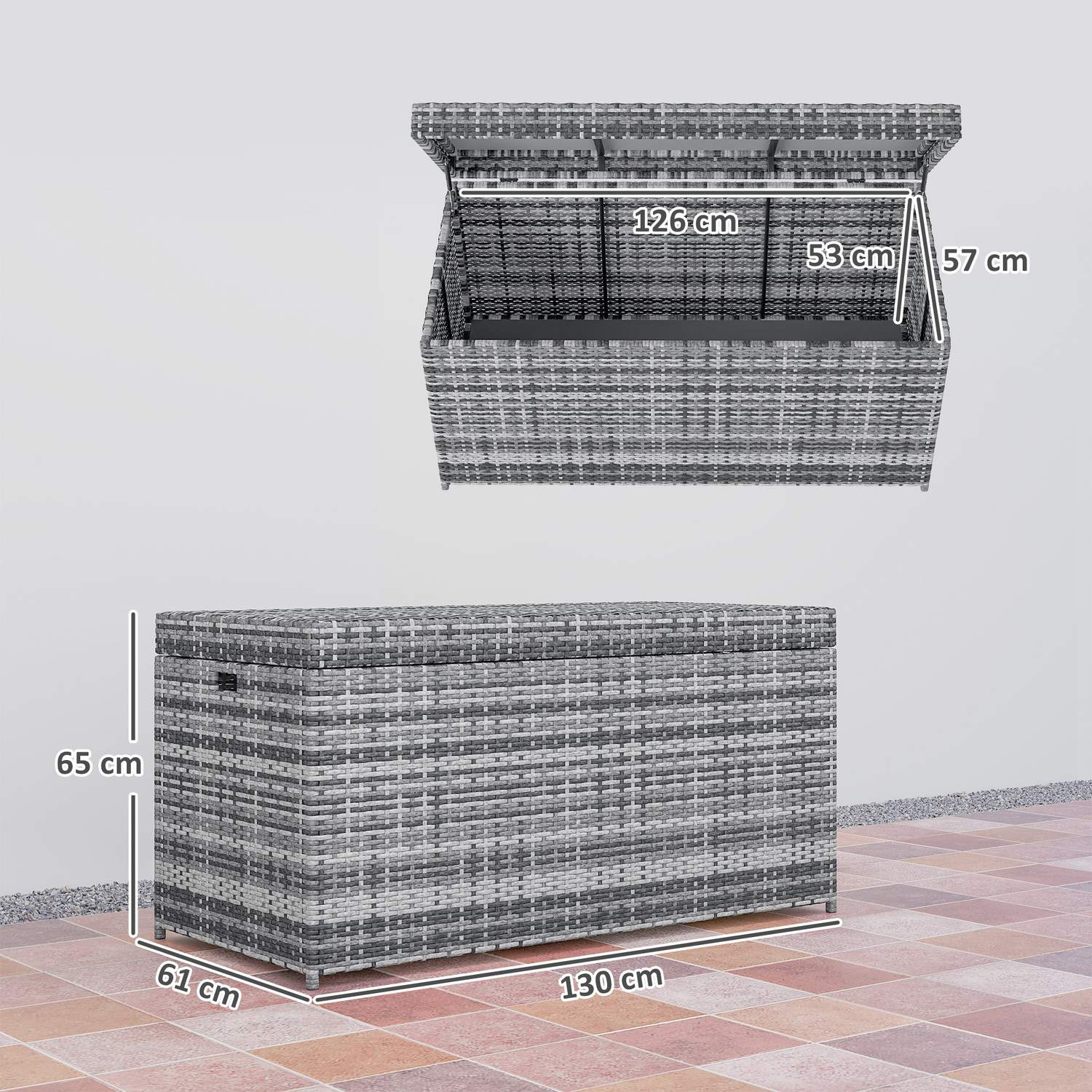 Kuddlåda i rotting 380L väderbeständig kuddlåda med lock förvaringsutrymme UV-beständig 130 x 61 x 65 cm mörkgrå