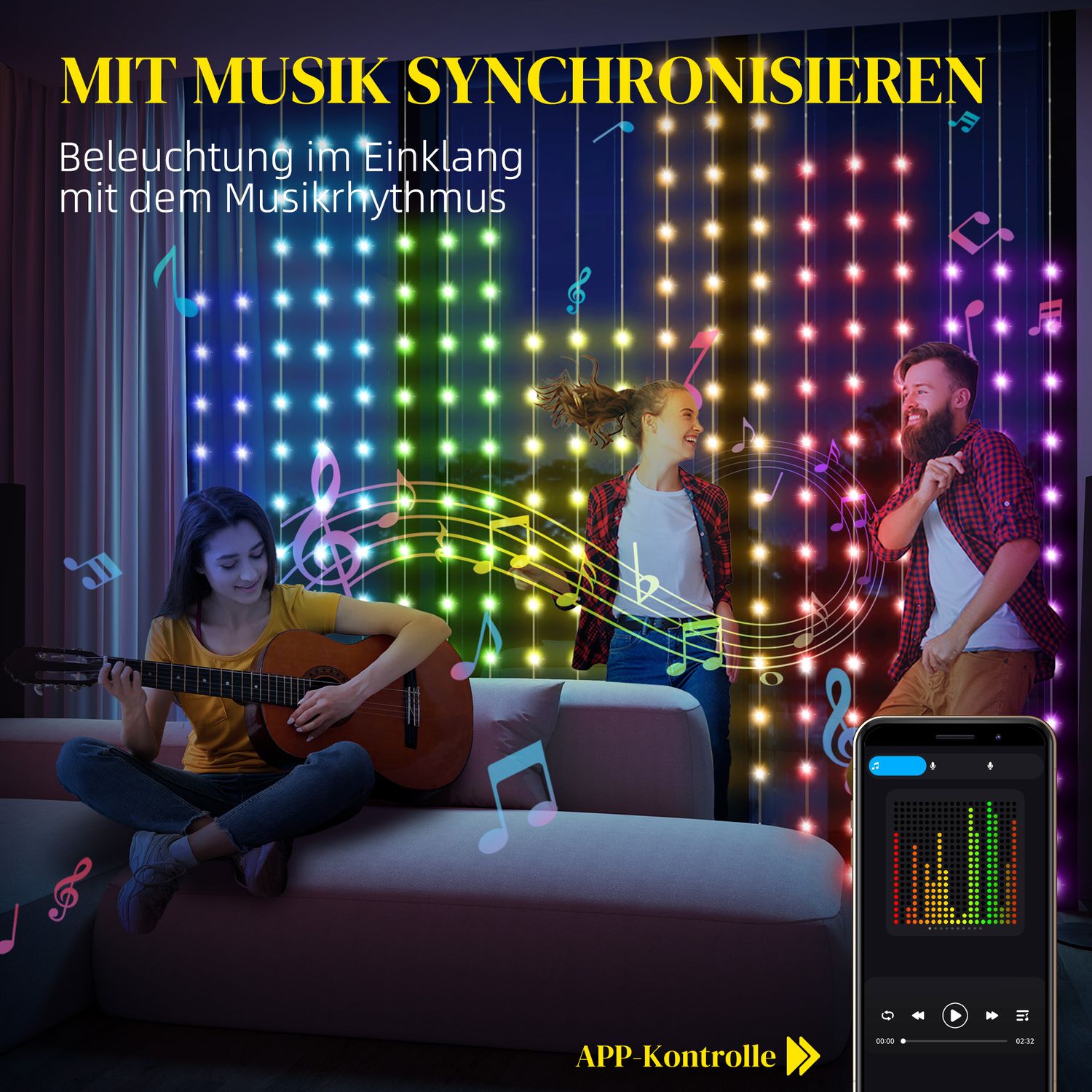 LED světelný závěs Fairy Light, 3x3m, 400 LED, synchronizace s hudbou, časovač