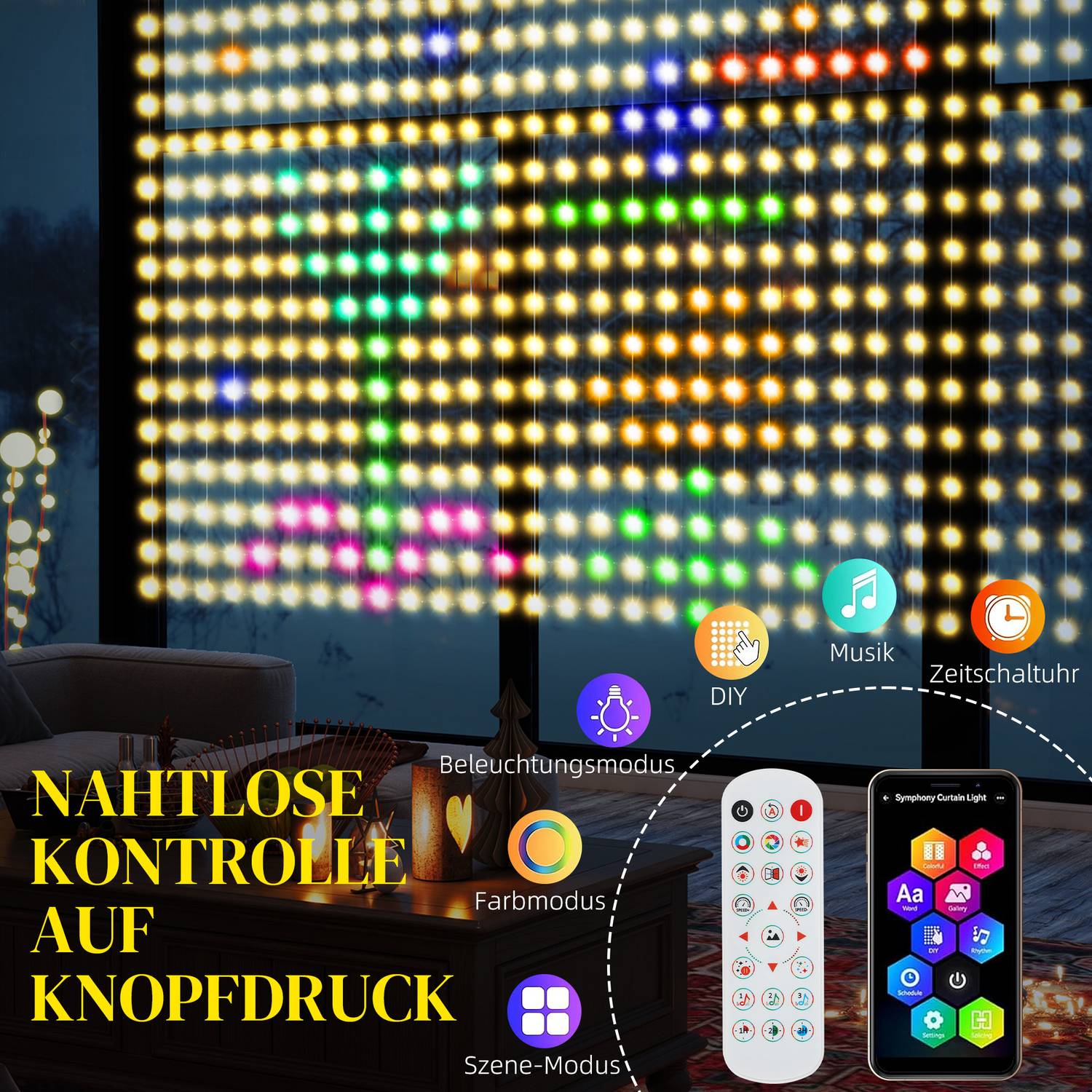 LED světelný závěs Fairy Light, 3x3m, 400 LED, synchronizace s hudbou, časovač