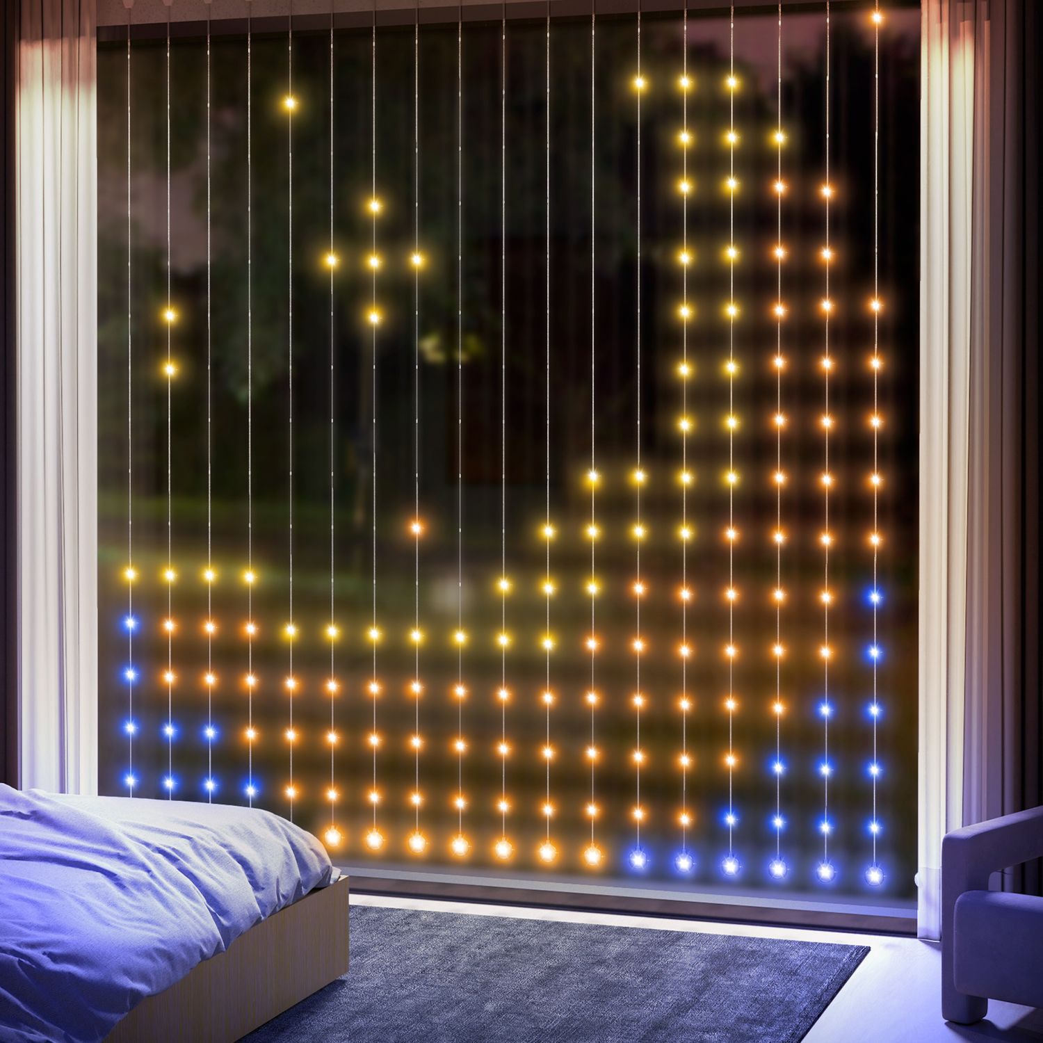 LED světelný závěs Fairy Light, 3x3m, 400 LED, synchronizace s hudbou, časovač
