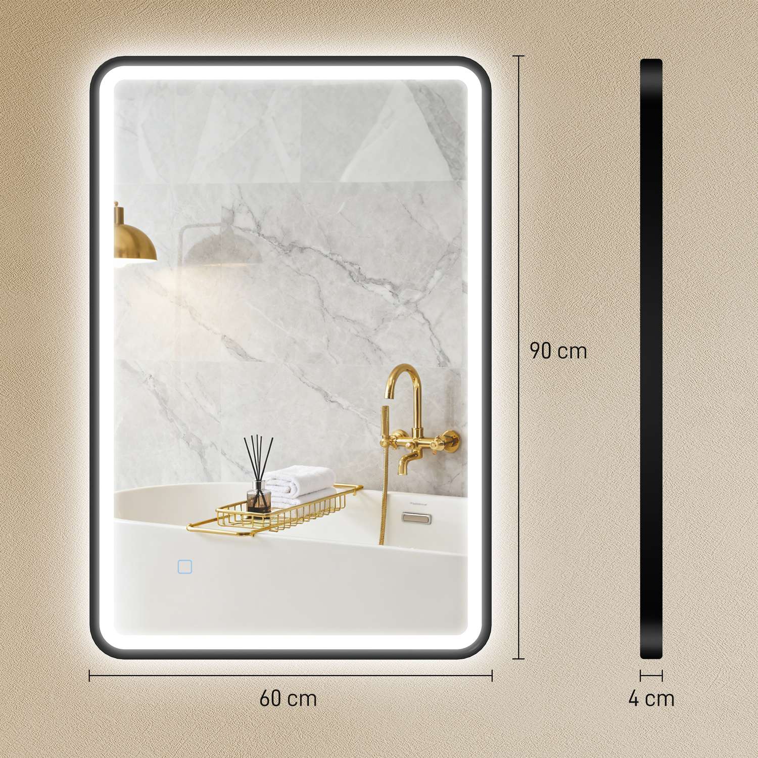 LED-badrumsspegel, 90x60 cm, dimbar, 3 färger, svart