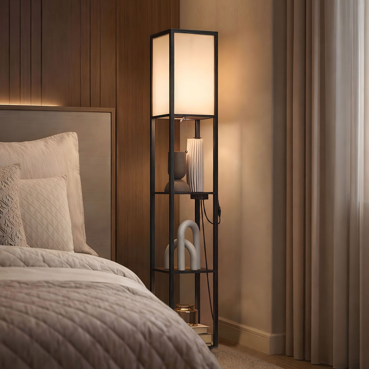 LED stojací lampa se 3 policemi, stmívatelná, USB, zásuvka, černá