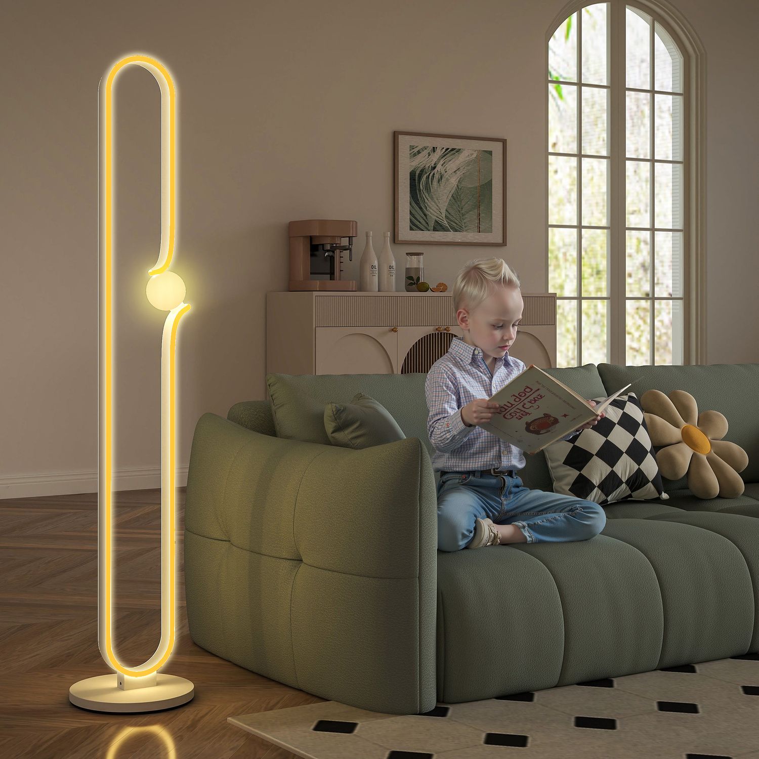 LED-golvlampa, musiknotdesign, glasskärm, metall, plast, vit