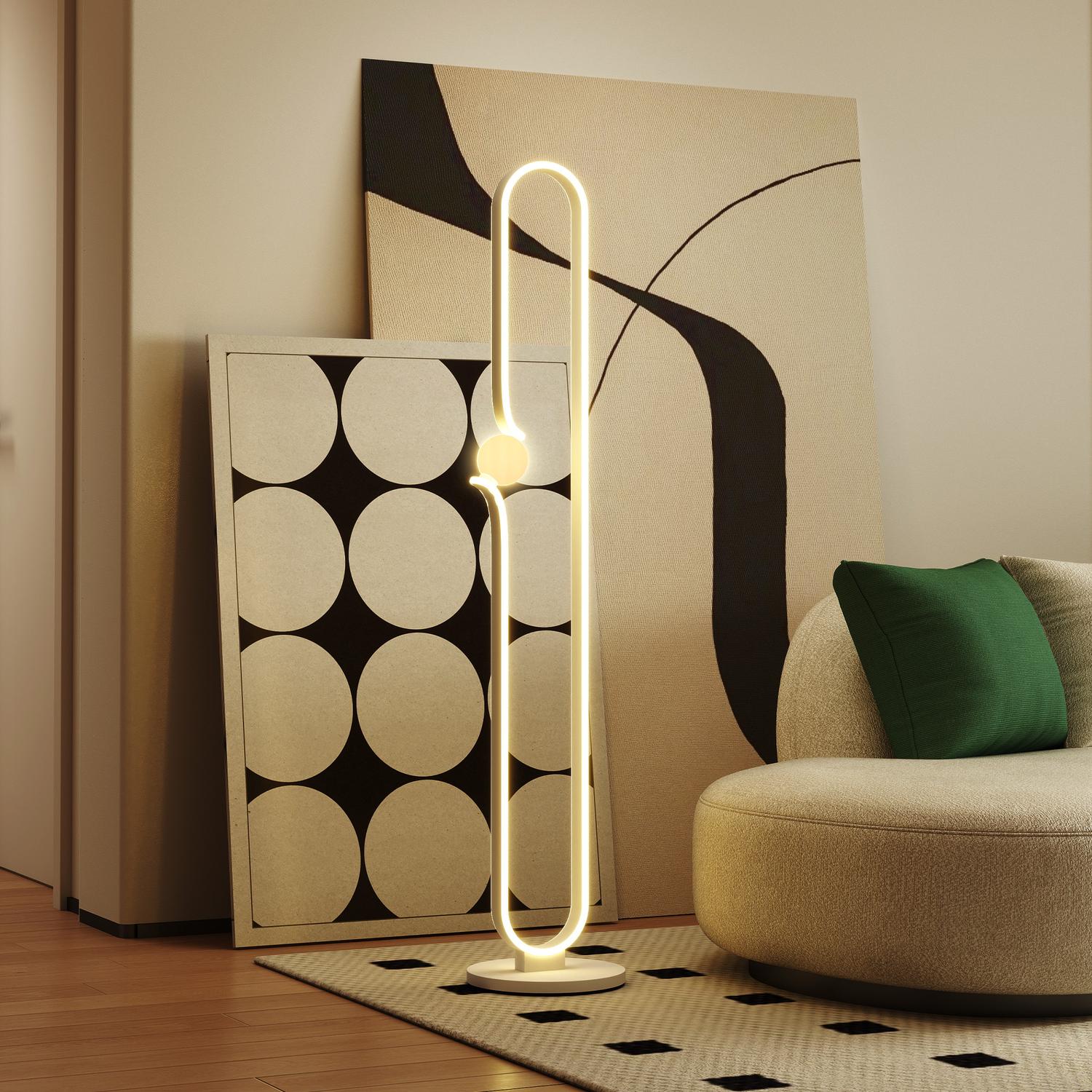 LED-golvlampa, musiknotdesign, glasskärm, metall, plast, vit