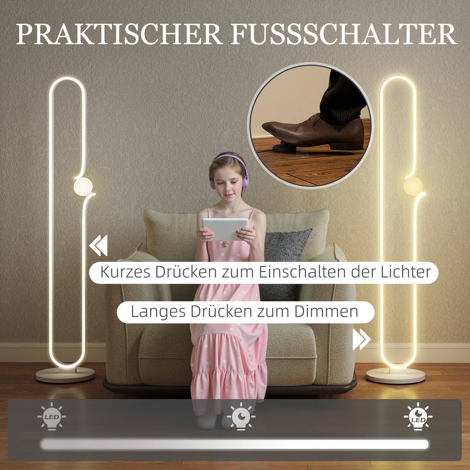 LED-golvlampa, musiknotdesign, glasskärm, metall, plast, vit