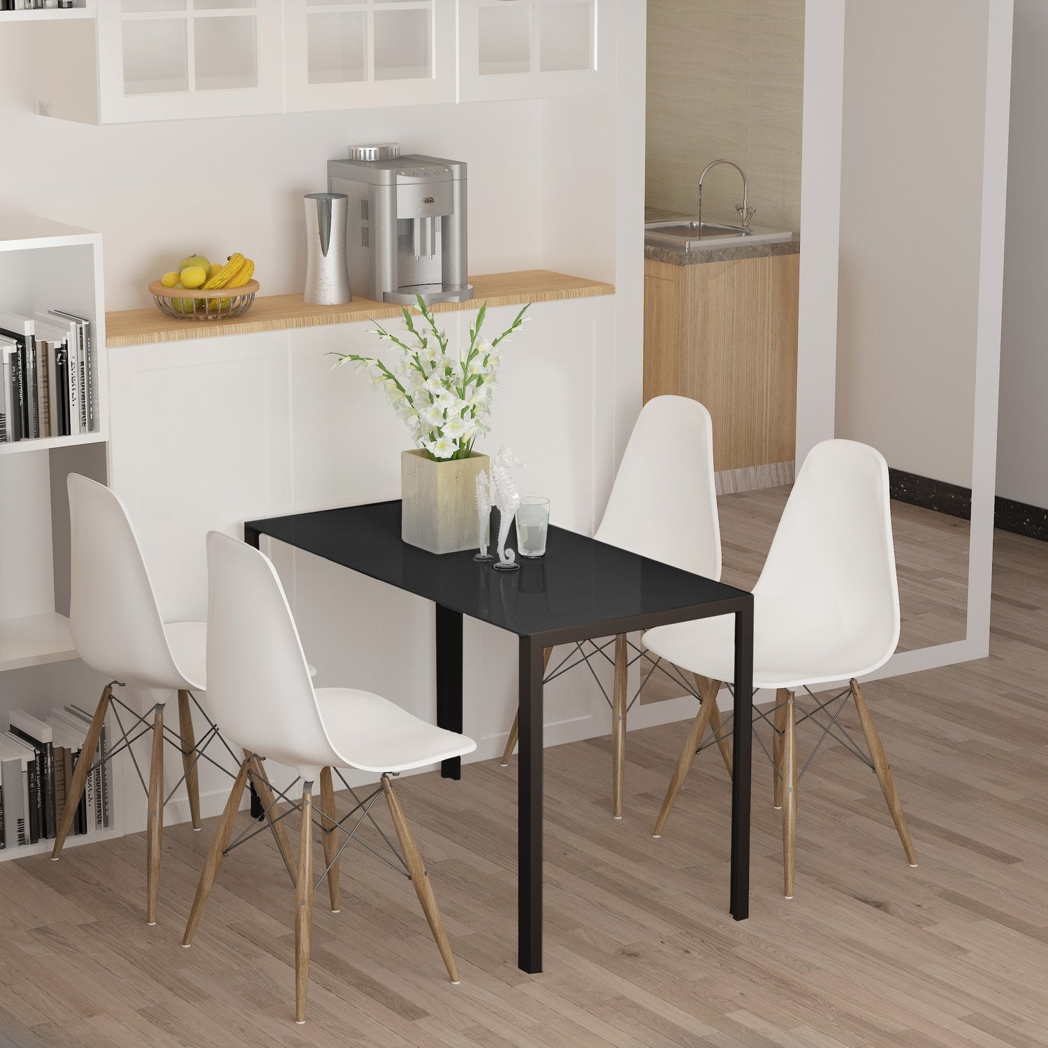 LED köksmatbord för 4, härdat glas, svart