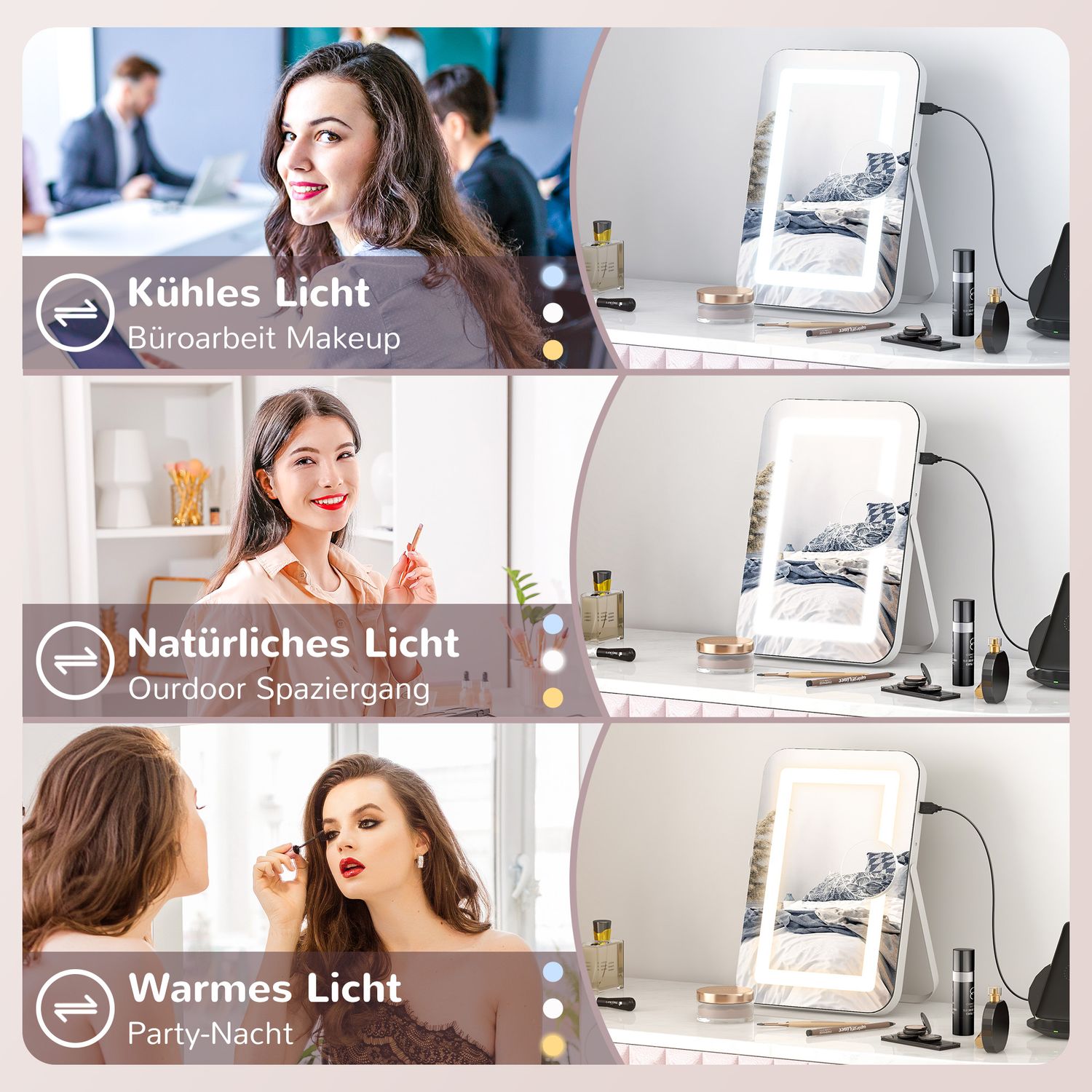 LED kosmetické zrcadlo, 10násobné zvětšení, 3 barvy osvětlení, otočné