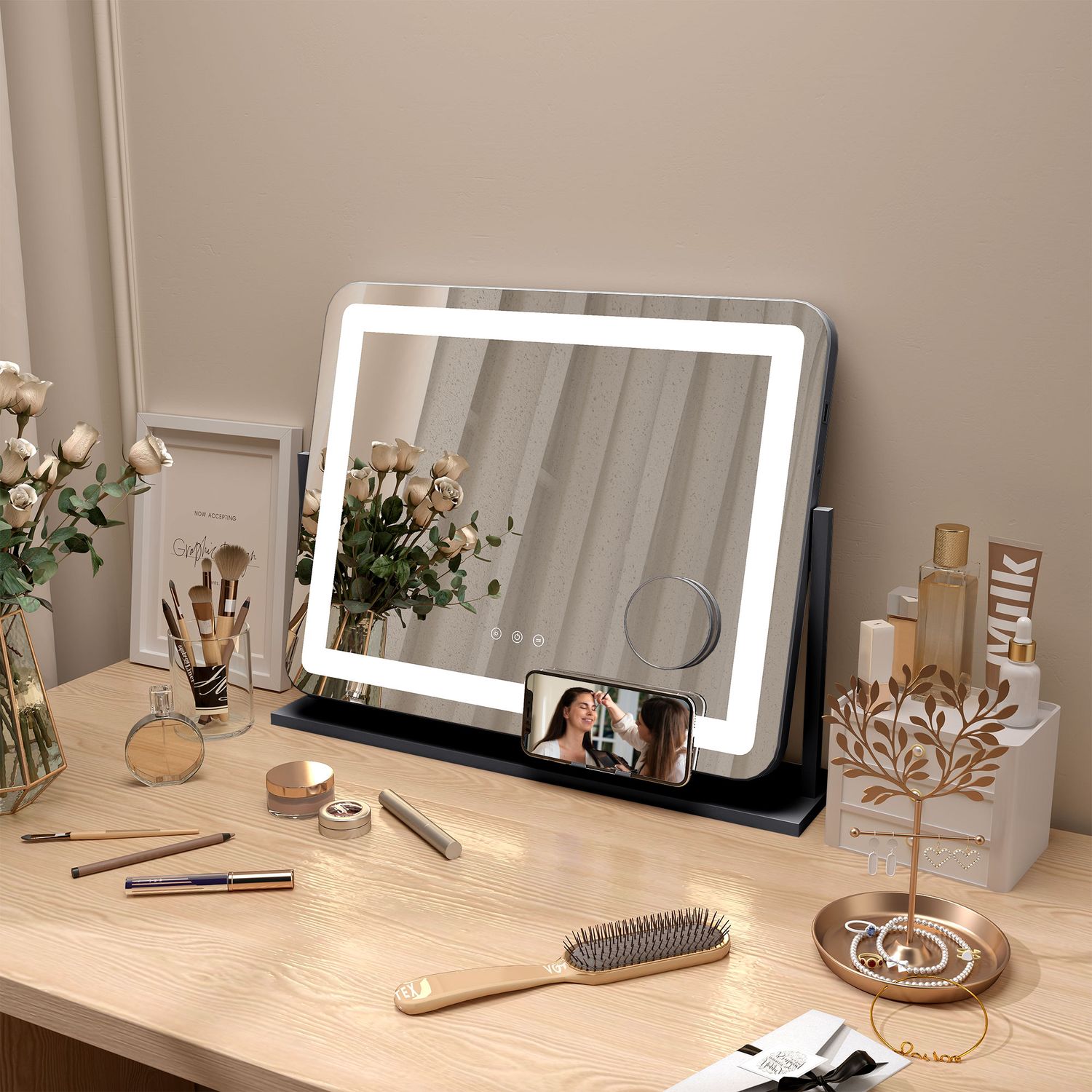 LED kosmetické zrcátko, 3 barvy světla, 10násobné zvětšení, černé