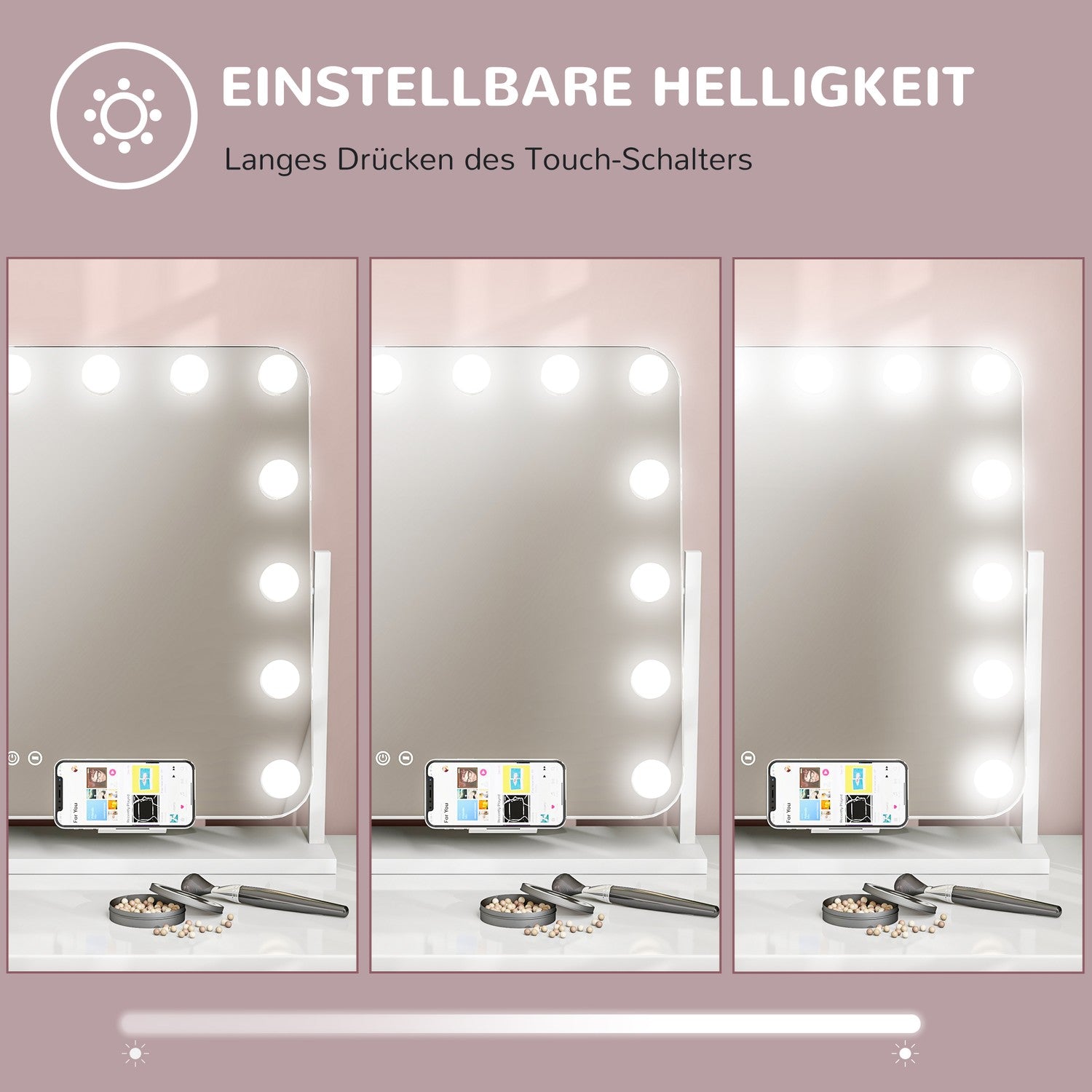 LED sminkspegel – 3 ljuslägen, dimbar, USB, 62,5 x 49,5 cm