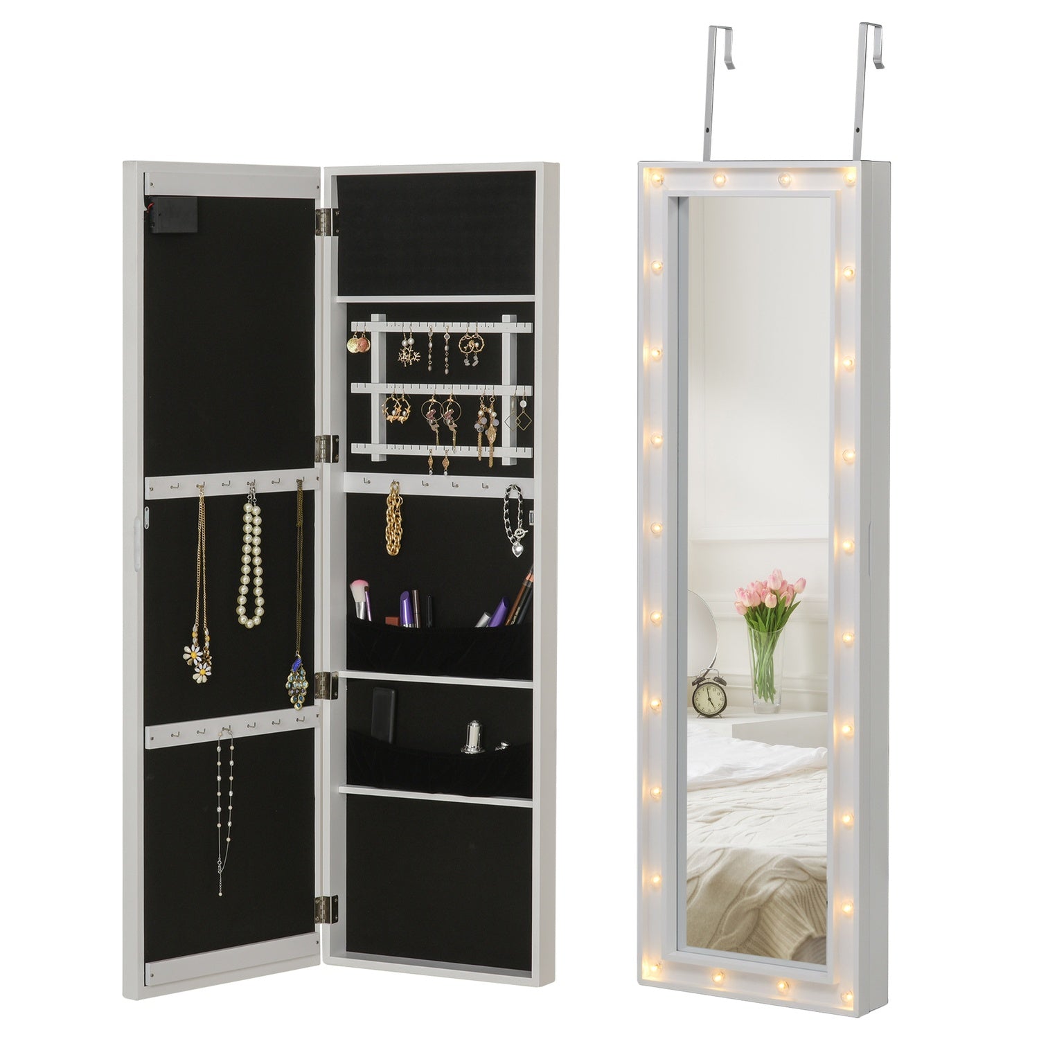 LED zrcadlová skříňka na šperky, montáž na dveře, 36,6""x8""x120"" bílá