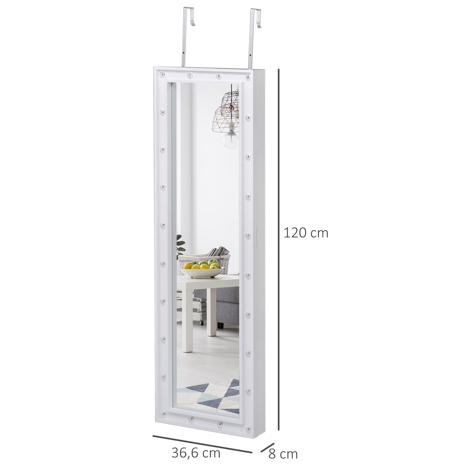 LED zrcadlová skříňka na šperky, montáž na dveře, 36,6""x8""x120"" bílá