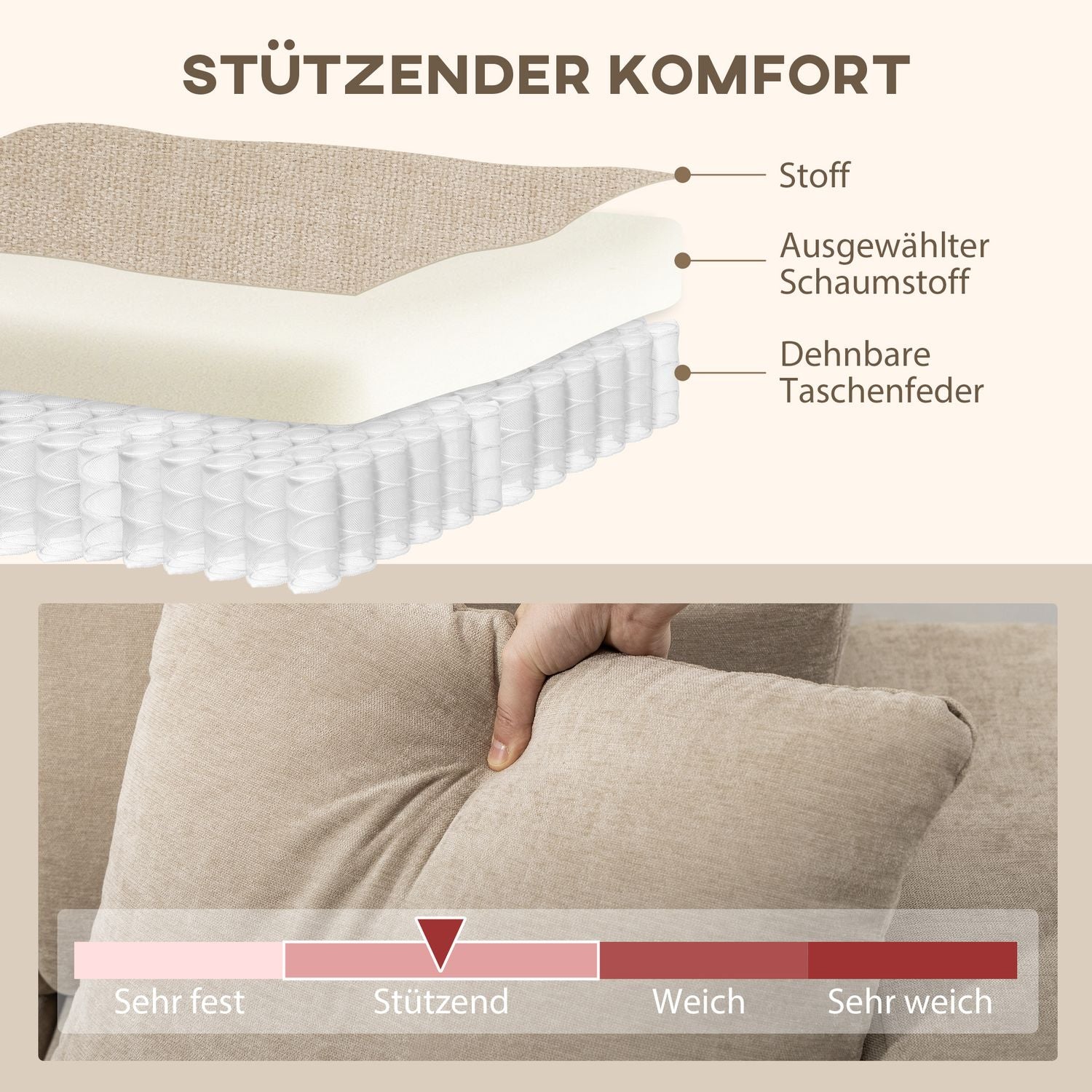 L-formad sektionssoffa, beige, 3-sits med schäslong och kuddar