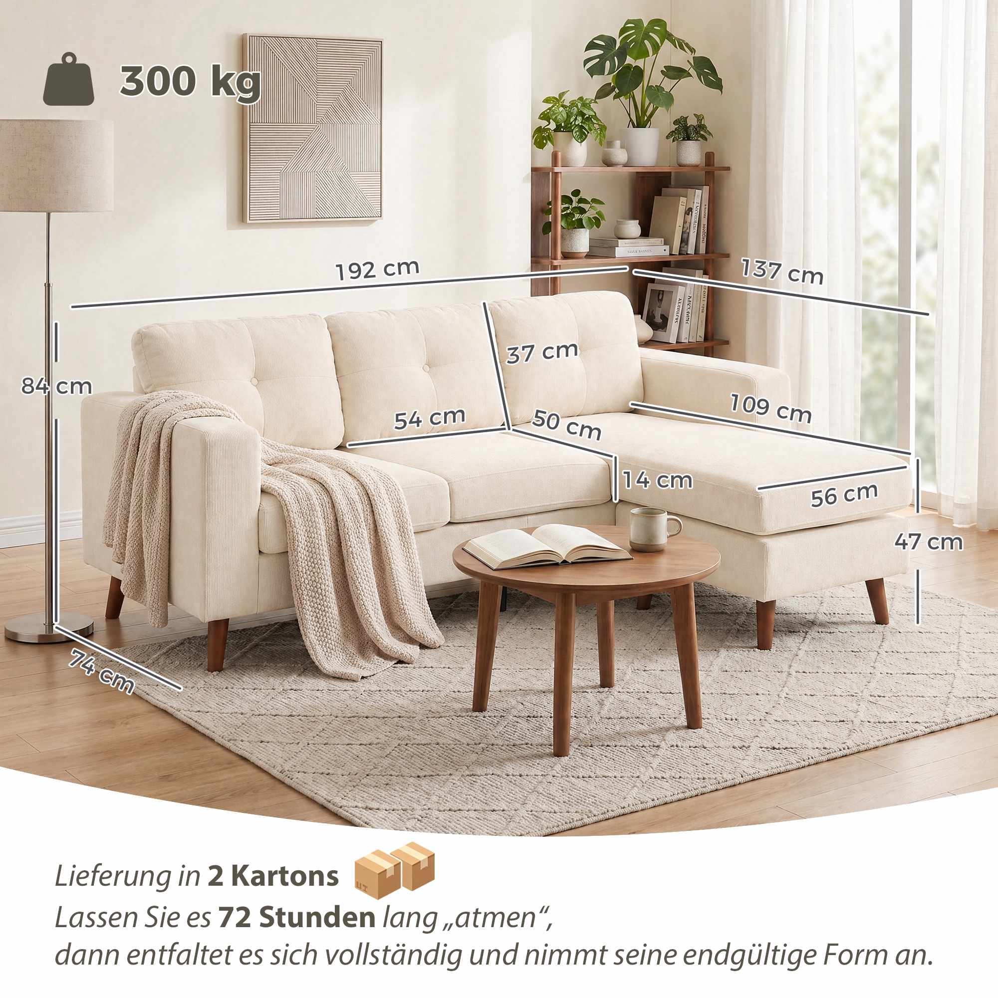 L-formad soffa med vändbar schäslong, manchestertyg, krämvit