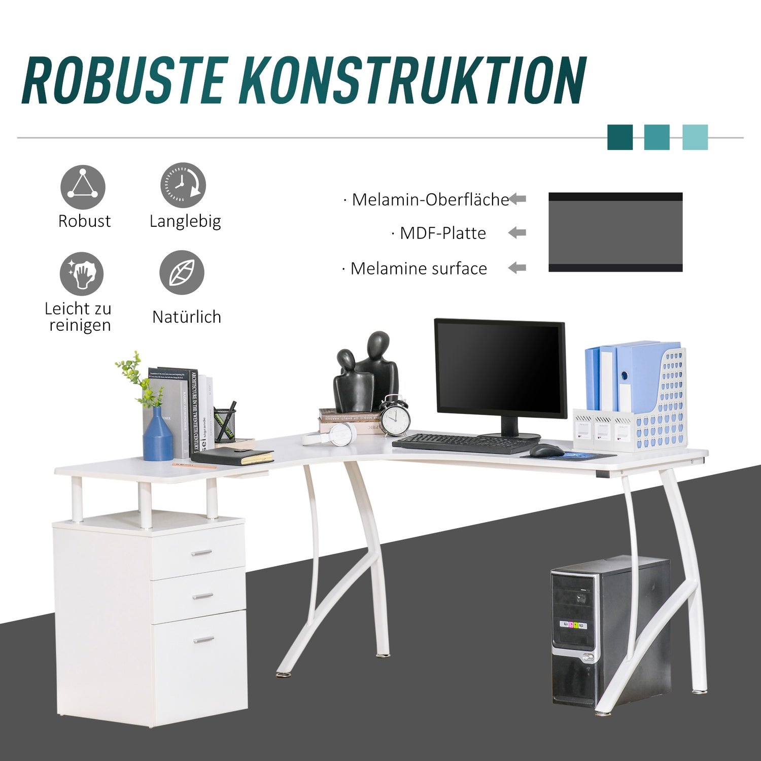 L-format skrivbord med lådor, industriell metall, vit