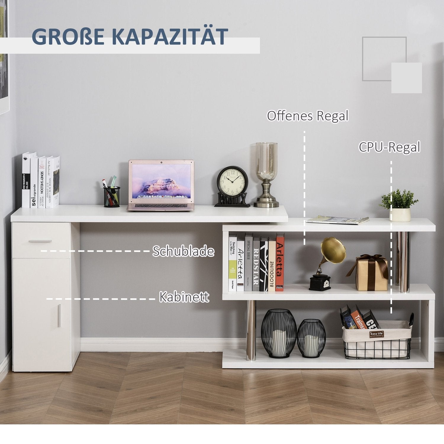 L-format vitt hörnskrivbord med bokhylla och låda, 120x80x164 cm