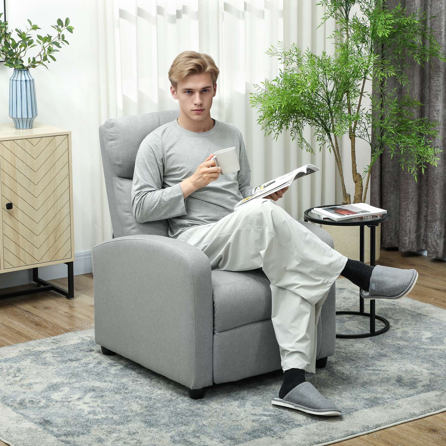 Liggstol, justerbar 135°, linne-polyester, ljusgrå