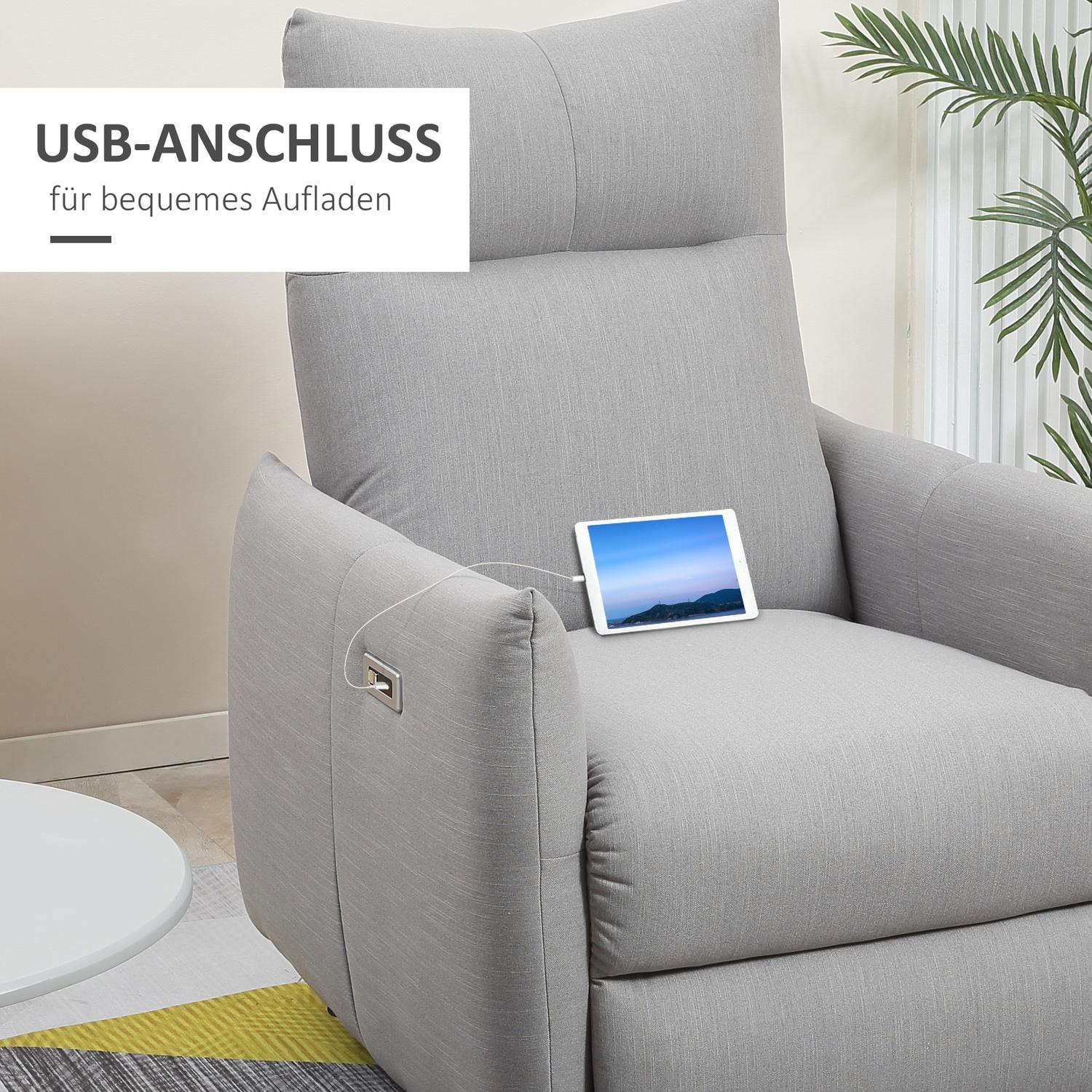 Liggstol med USB, 140° lutning, polyester, grå