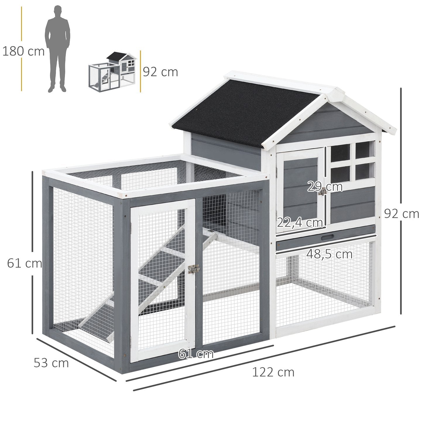 Liten djurhydda med avtagbar bricka och ramp, 122x62x92cm