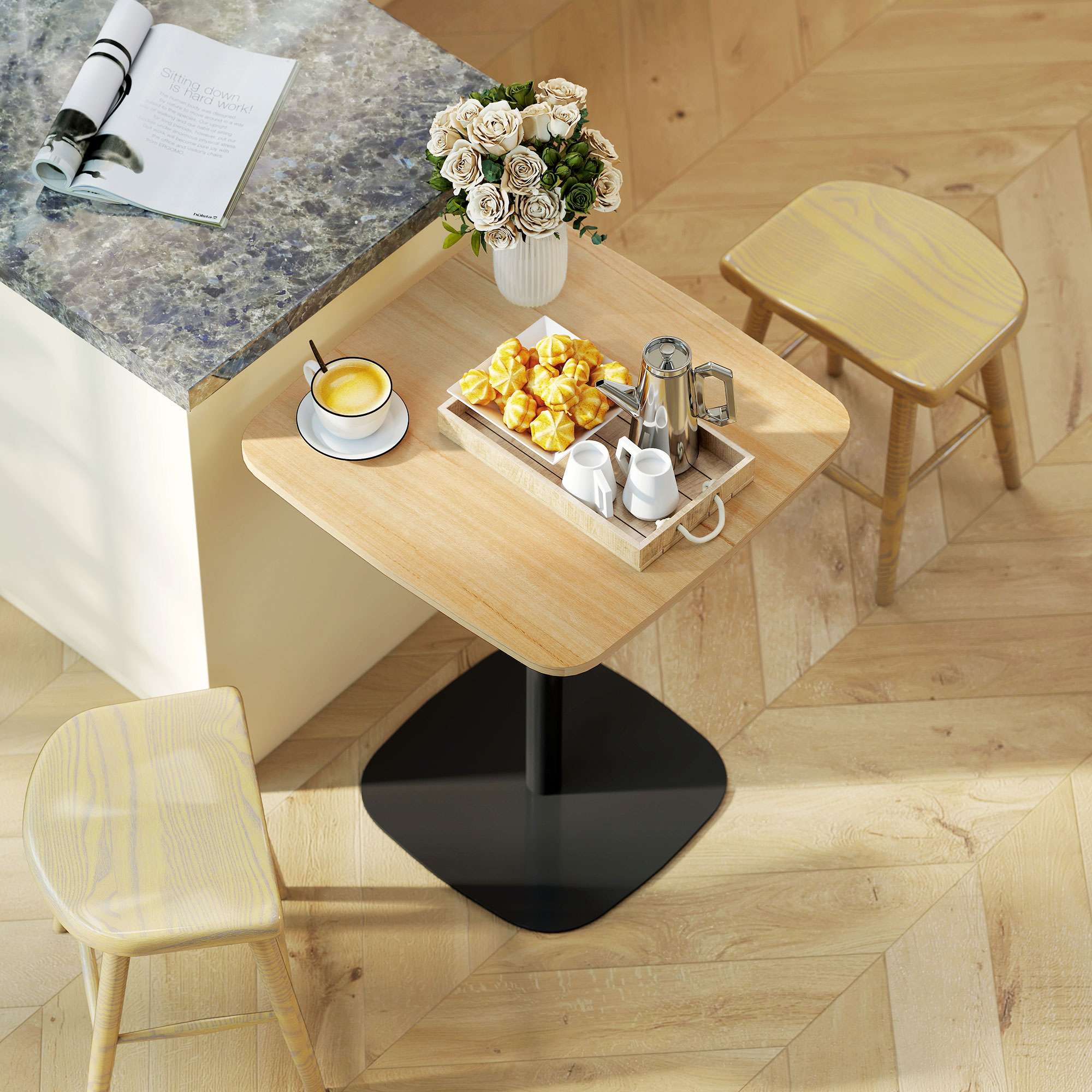 Litet matbord, 60 cm fyrkantigt, MDF-skiva, stålbas