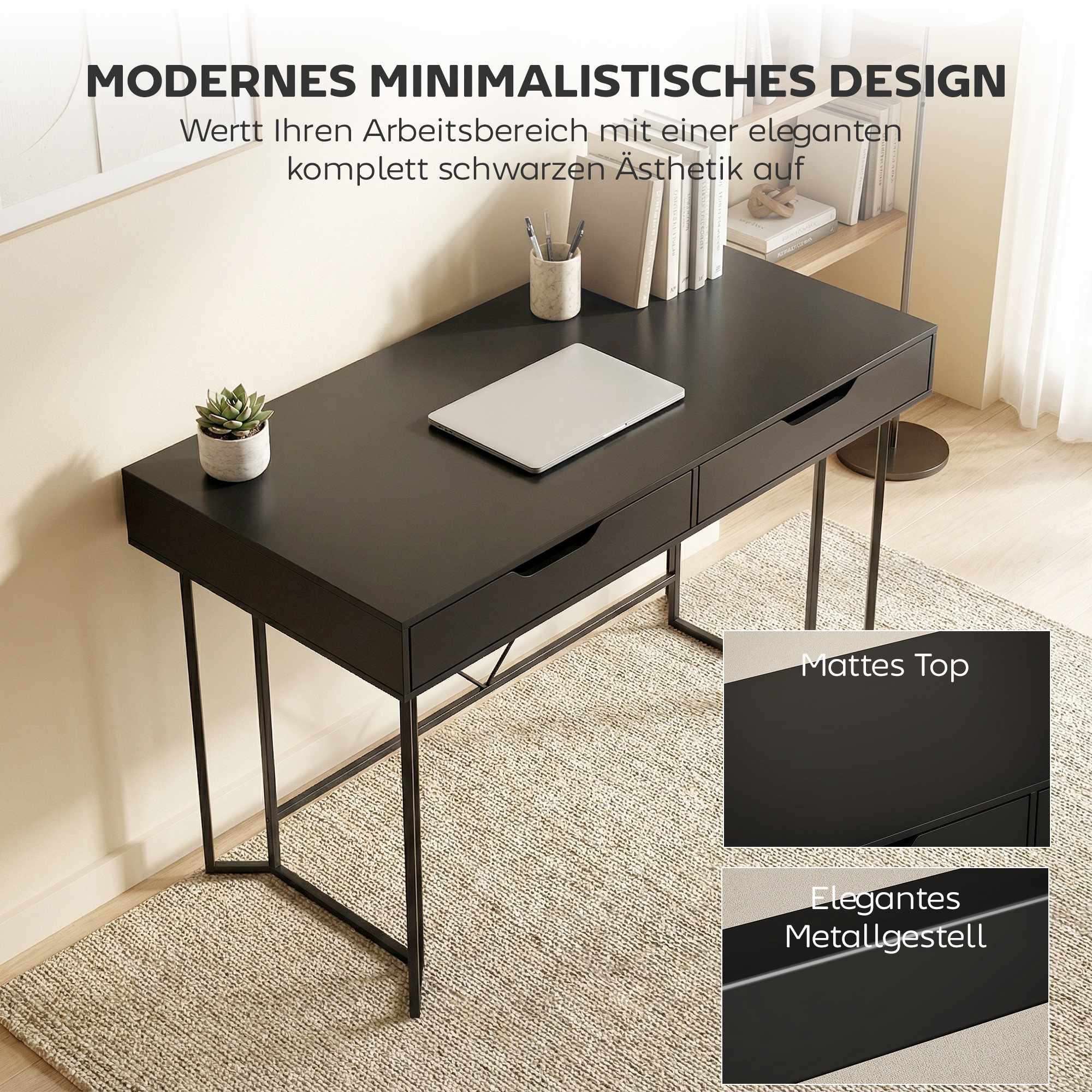 Litet svart datorskrivbord med lådor, 120 cm