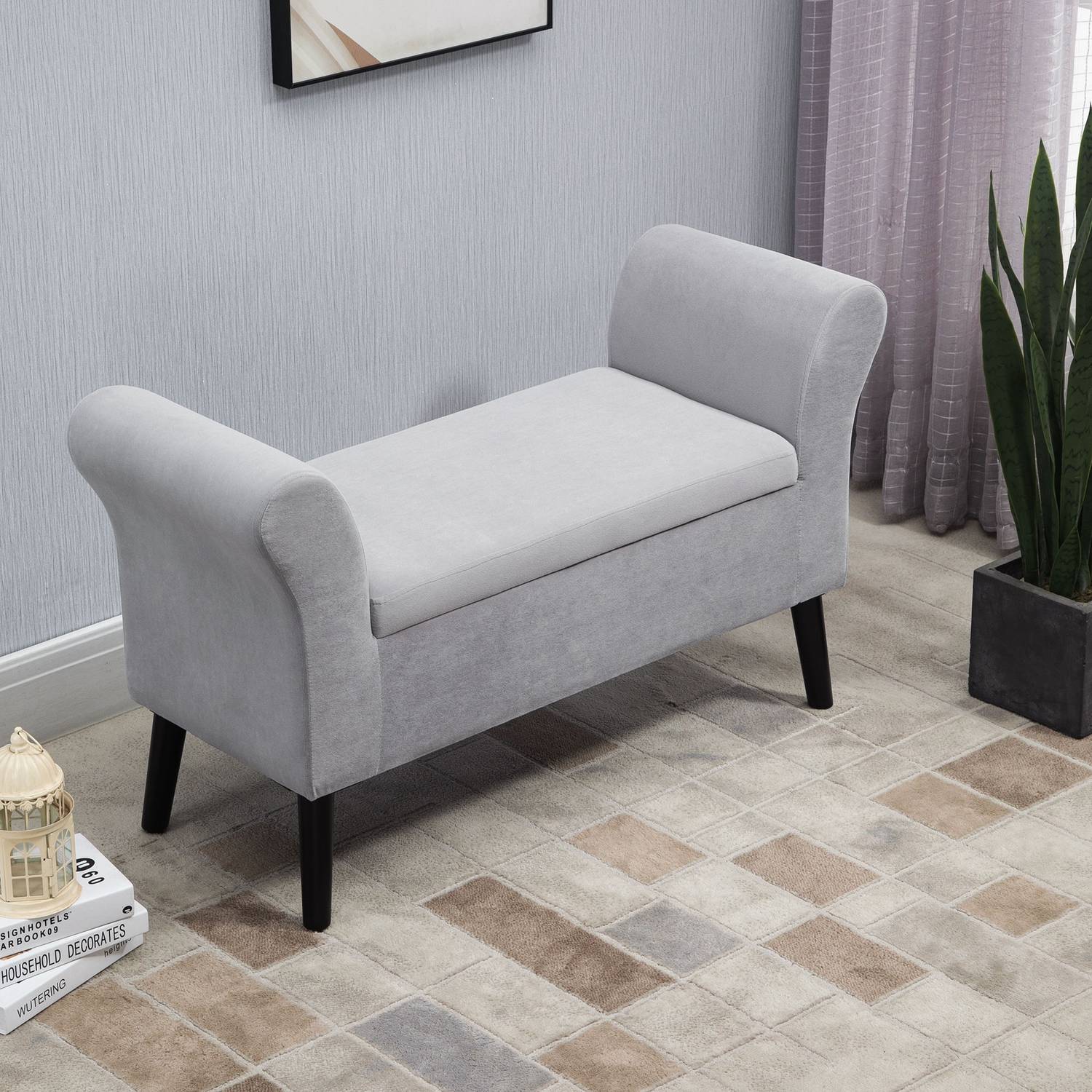 Ljusgrå sammetstoppad bänk med förvaring – modern design