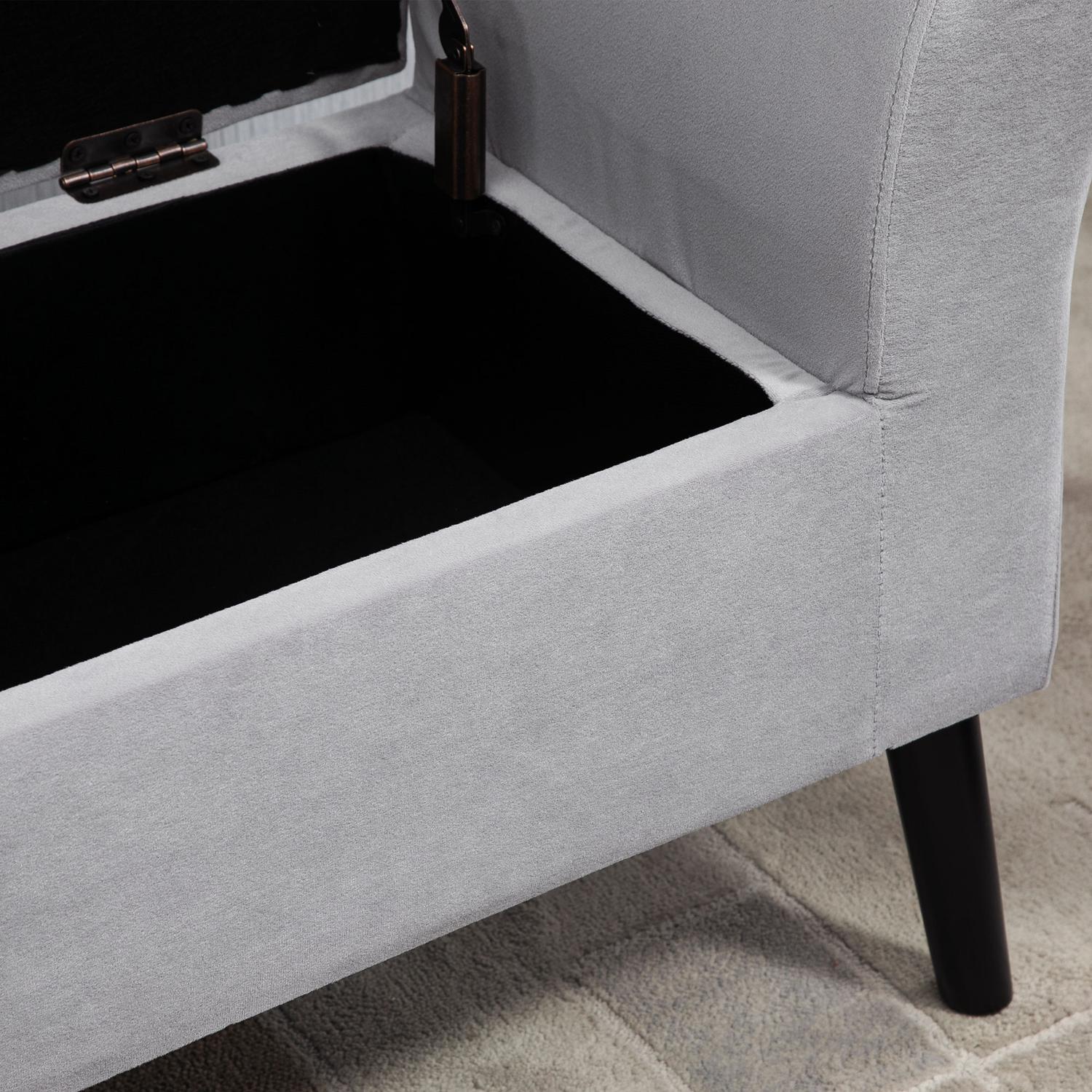 Ljusgrå sammetstoppad bänk med förvaring – modern design